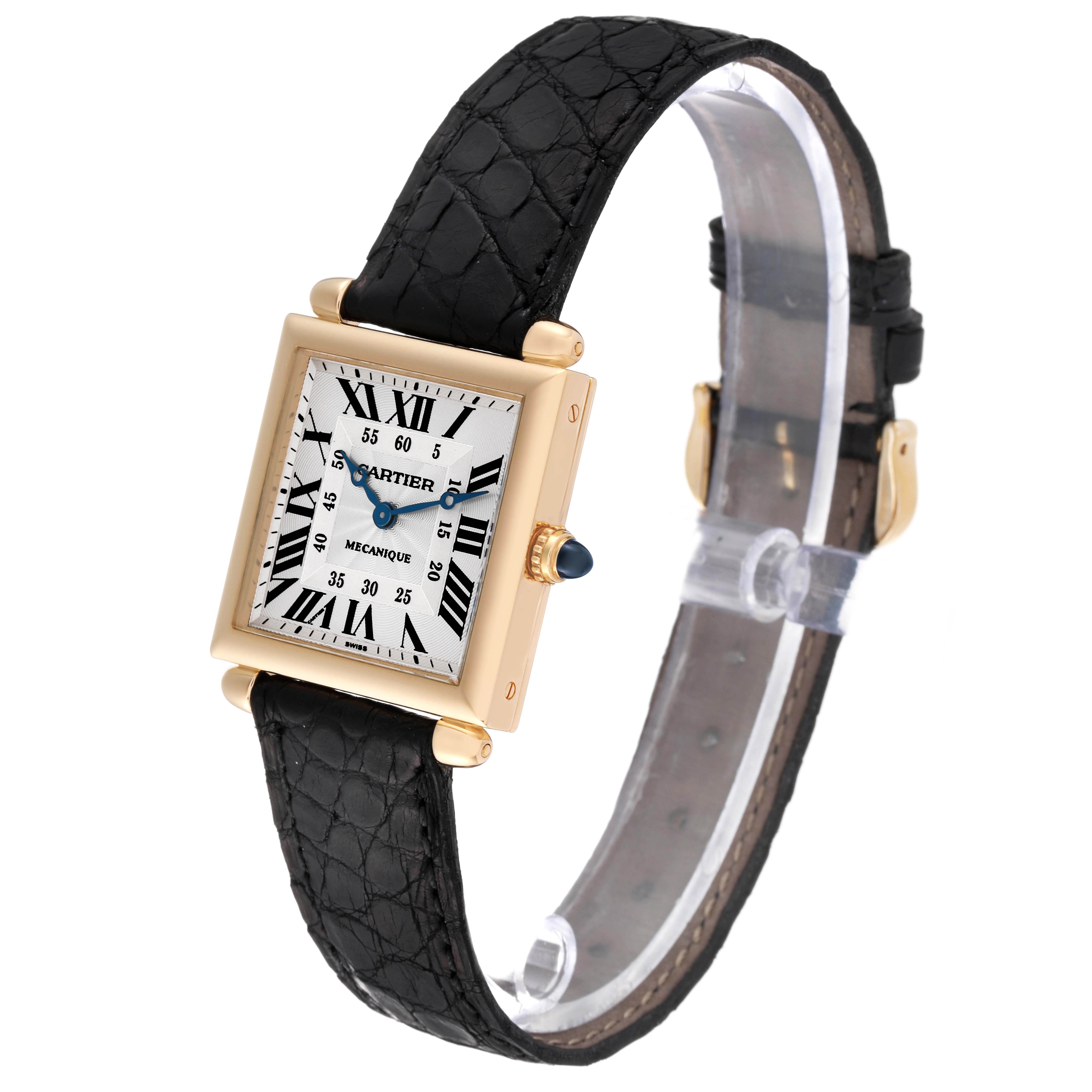 The image shows a Cartier Tank Obus W1527551 Men's Yellow Gold Silver Dial W1527551 Men's Yellow Gold Silver Dial watch at a slight angle, highlighting its face, bezel, crown, and black leather strap.