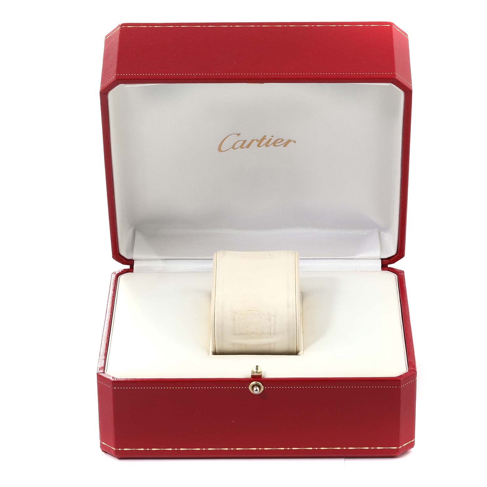 The image shows a Cartier Tank Obus W1527551 Men's Yellow Gold Silver Dial W1527551 Men's Yellow Gold Silver Dial watch displayed inside an open red and white Cartier box, angled directly forward.