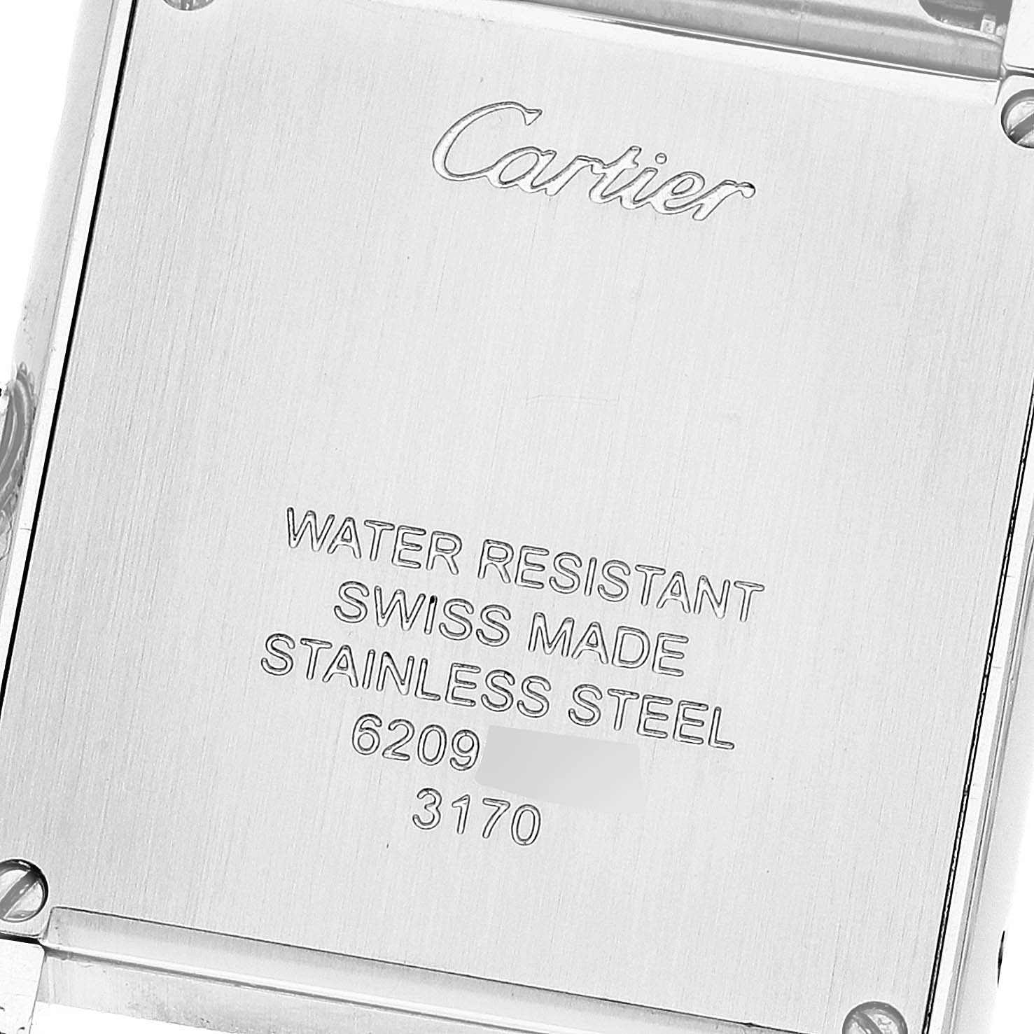 This image shows the back of the stainless steel case of a Cartier Tank Solo W5200013 Women's Stainless Steel Silver Dial W5200013 Women's Stainless Steel Silver Dial watch.