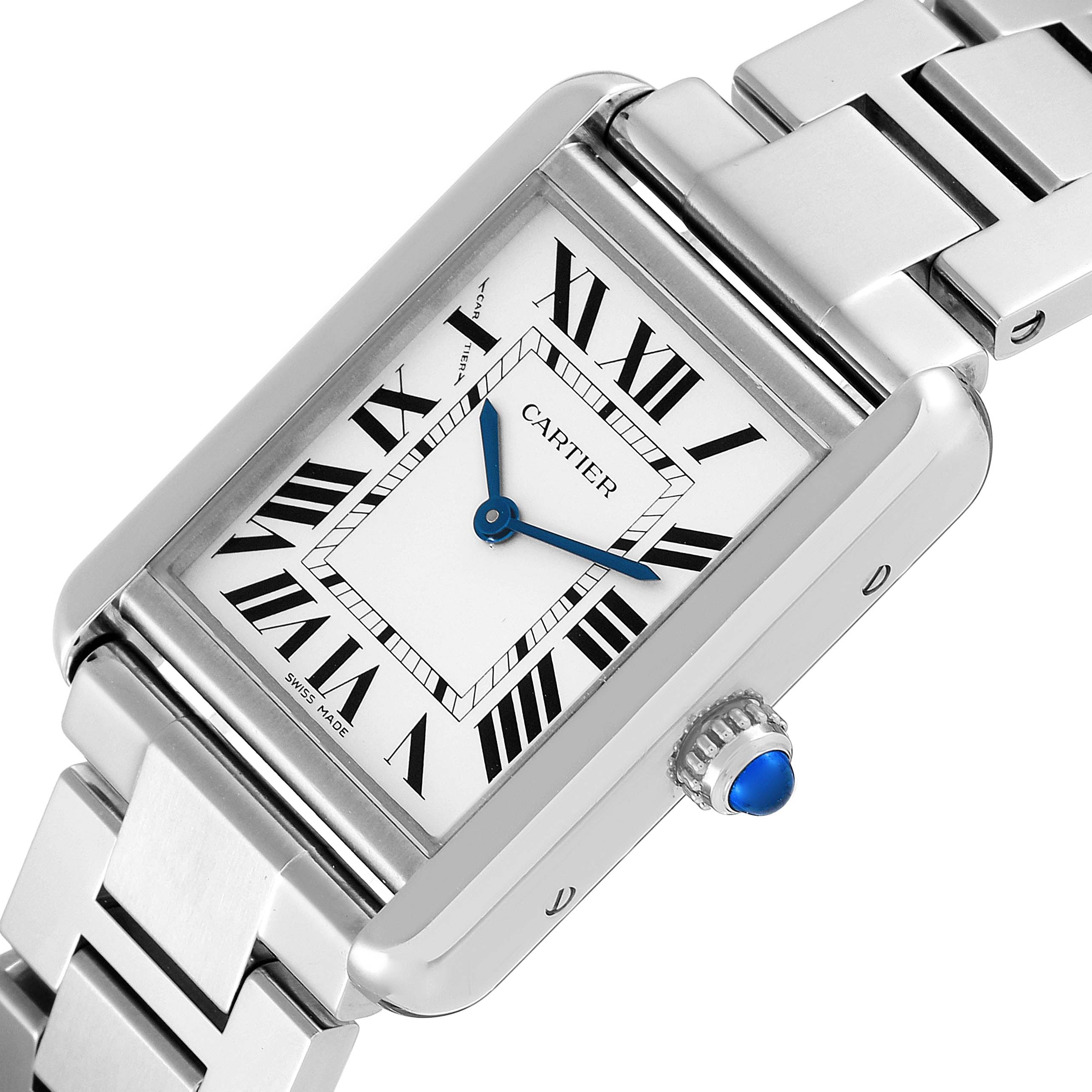 The image shows a close-up, angled view of the Cartier Tank Solo W5200013 Women's Stainless Steel Silver Dial W5200013 Women's Stainless Steel Silver Dial watch, highlighting its face, Roman numerals, and bracelet.