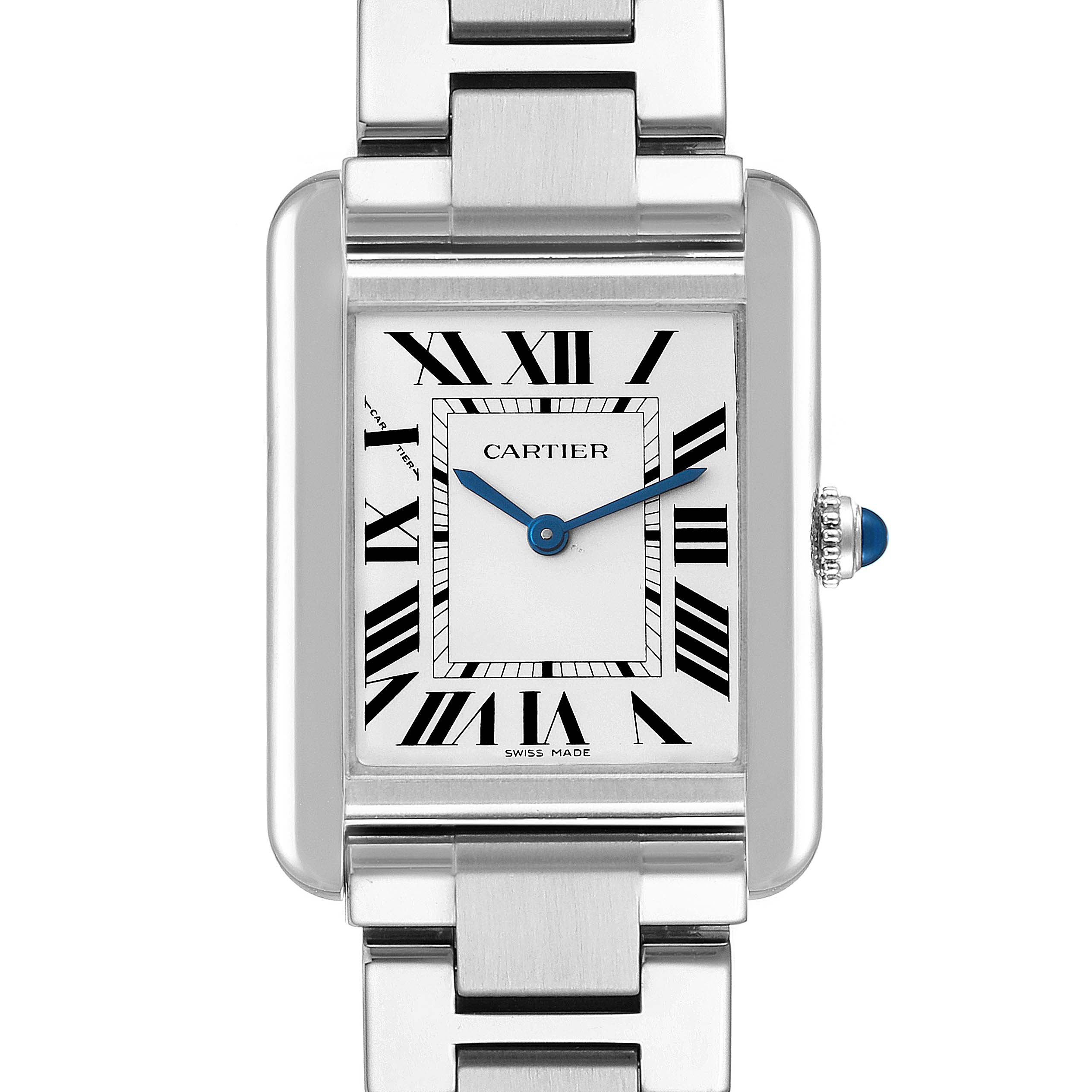 This is a front view of a Cartier Tank Solo W5200013 Women's Stainless Steel Silver Dial W5200013 Women's Stainless Steel Silver Dial watch, showing the face, Roman numerals, blue hands, and part of the metal bracelet.