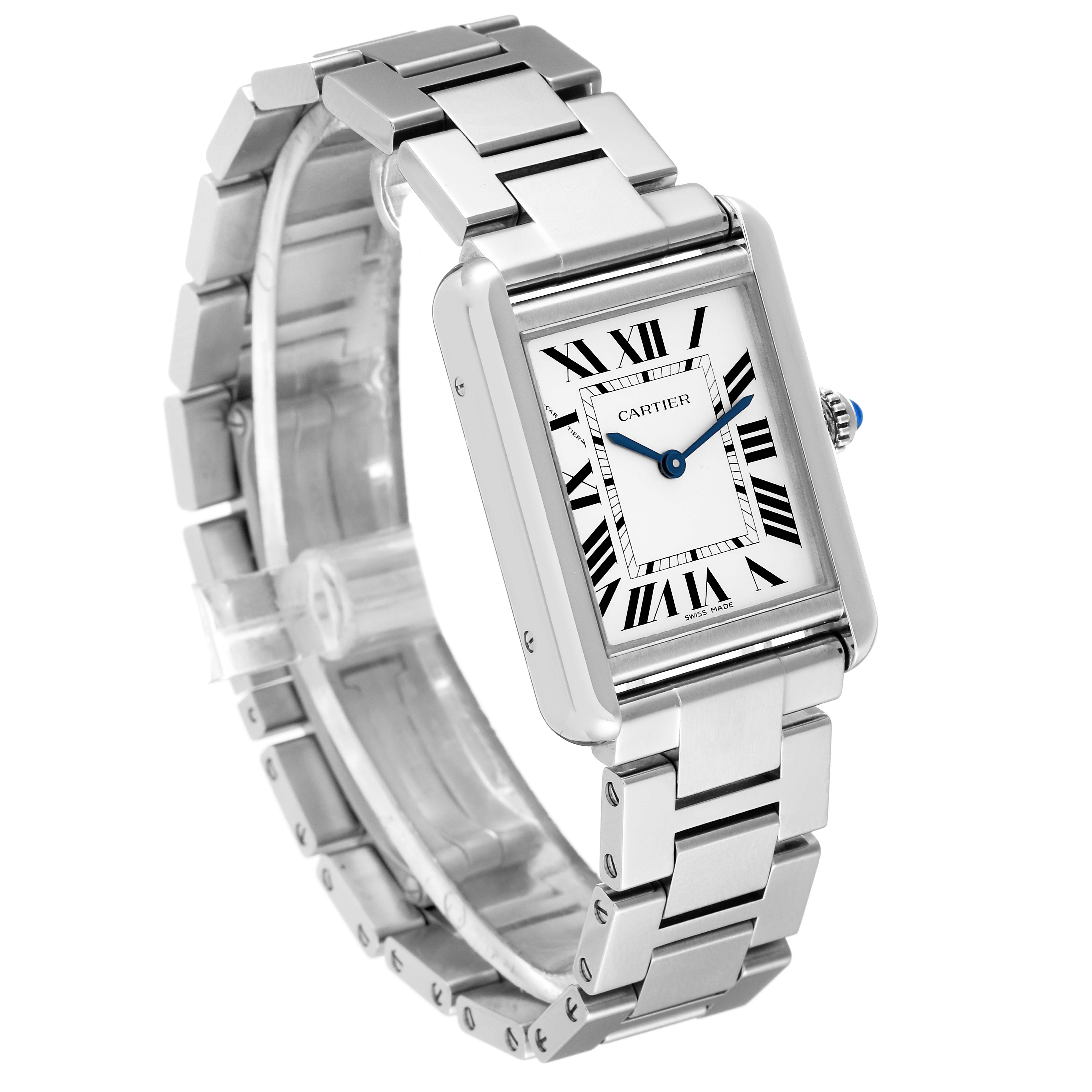 The image shows a Cartier Tank Solo W5200013 Women's Stainless Steel Silver Dial W5200013 Women's Stainless Steel Silver Dial watch angled from the front right, highlighting the face, bracelet, and crown.