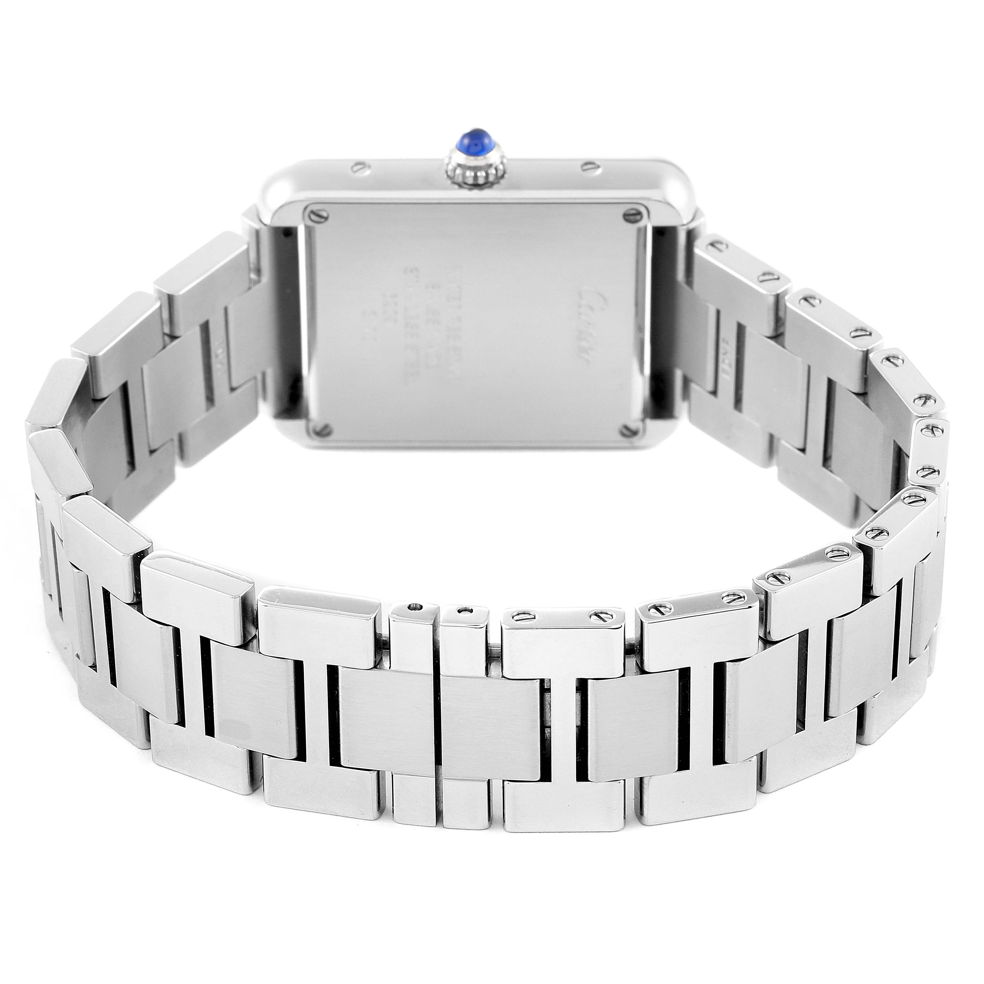 The image shows the back and link bracelet of the Cartier Tank Solo W5200013 Women's Stainless Steel Silver Dial W5200013 Women's Stainless Steel Silver Dial watch, highlighting its square case and stainless steel band.