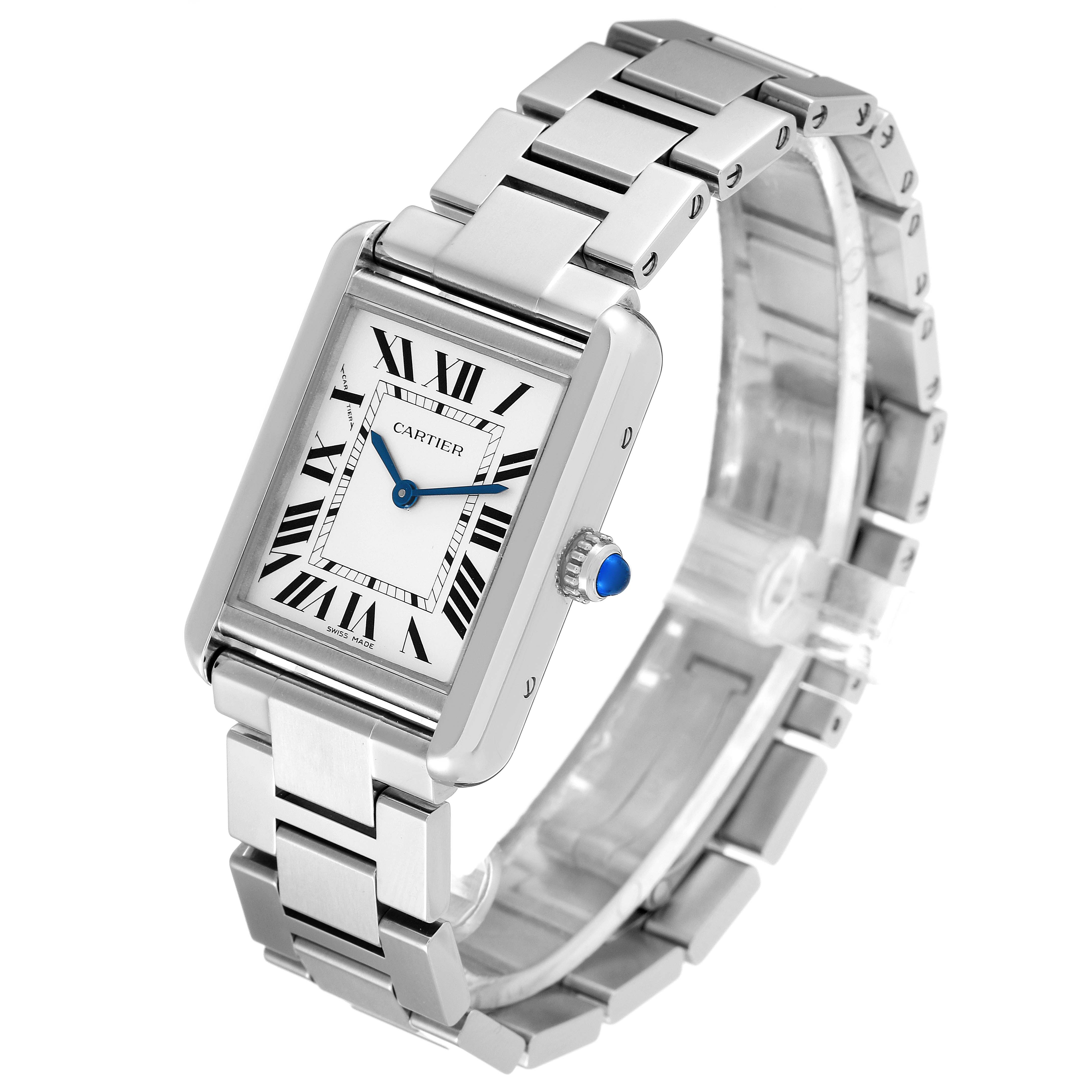 The image shows a Cartier Tank Solo W5200013 Women's Stainless Steel Silver Dial W5200013 Women's Stainless Steel Silver Dial watch angled to display its face, bracelet, and crown.