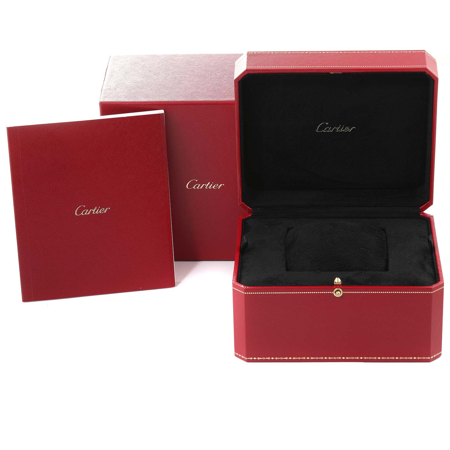 The image shows the packaging and display box for the Tank Solo model by Cartier, including a red booklet and an opened watch box.
