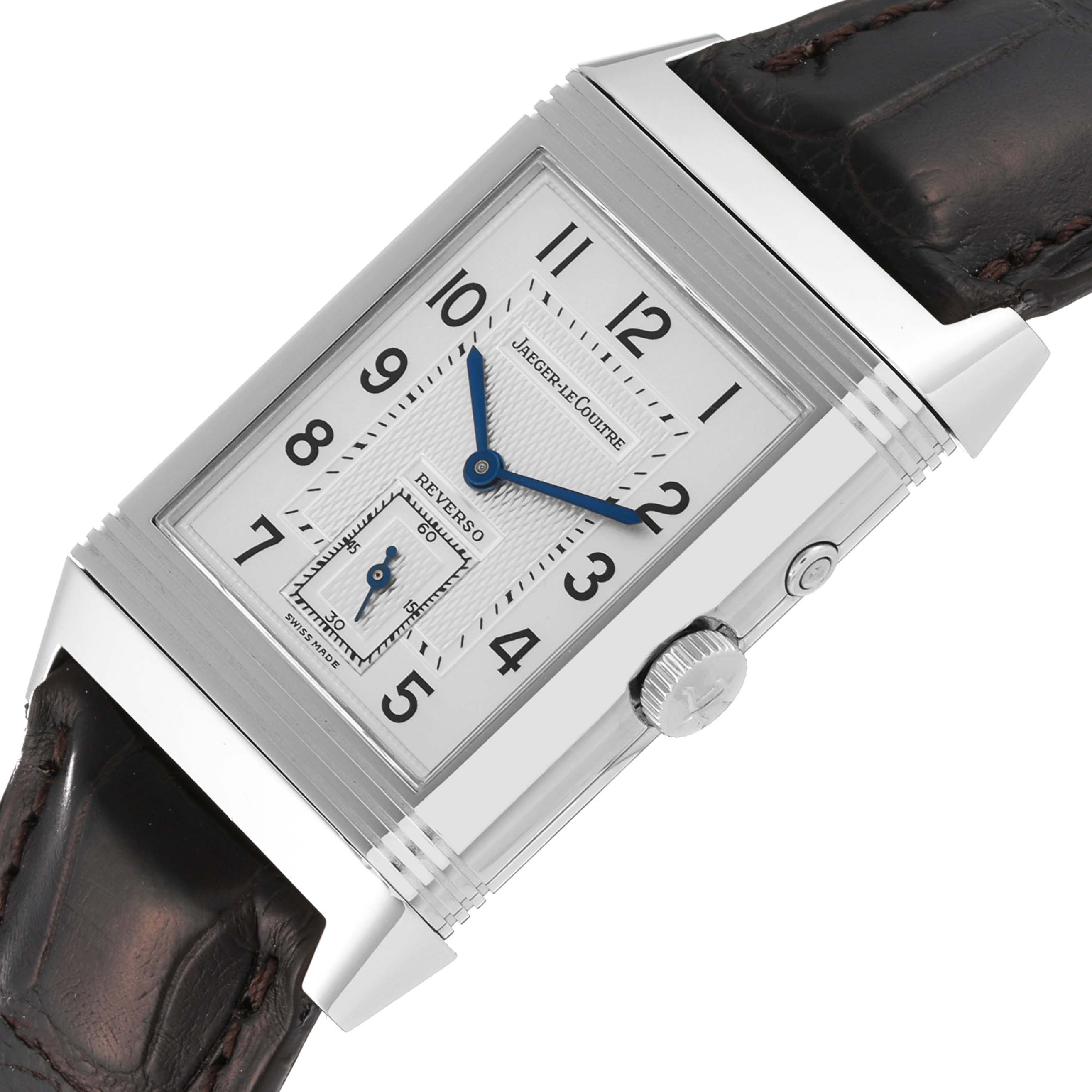 The image shows a close-up of the face and side of a Jaeger LeCoultre Reverso Q270854 Men's Stainless Steel Silver Dial Q270854 Men's Stainless Steel Silver Dial watch, highlighting the dial, crown, and leather strap.