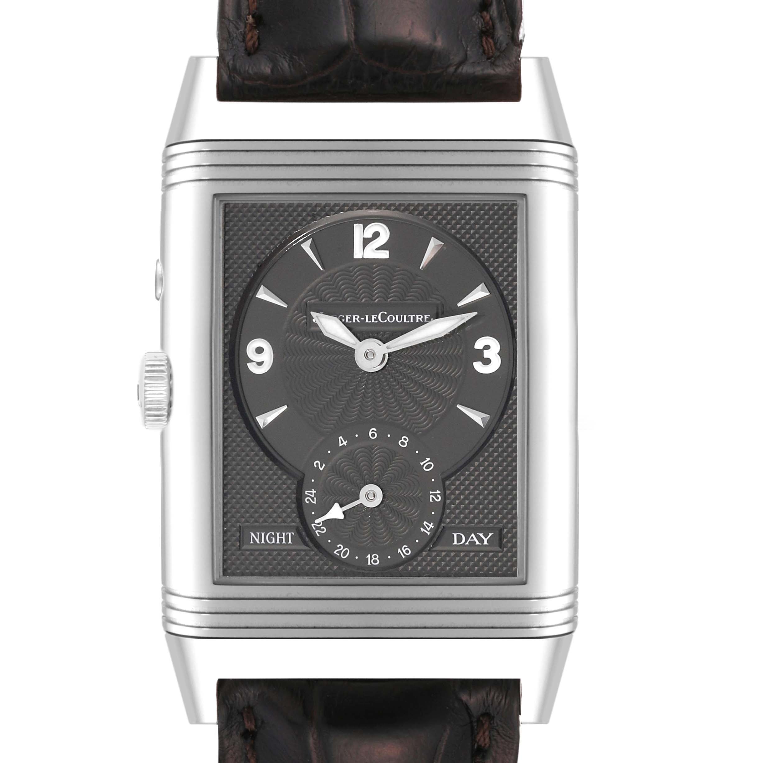 This image shows a front view of the Jaeger LeCoultre Reverso Q270854 Men's Stainless Steel Silver Dial Q270854 Men's Stainless Steel Silver Dial watch, highlighting its rectangular face and black leather strap.