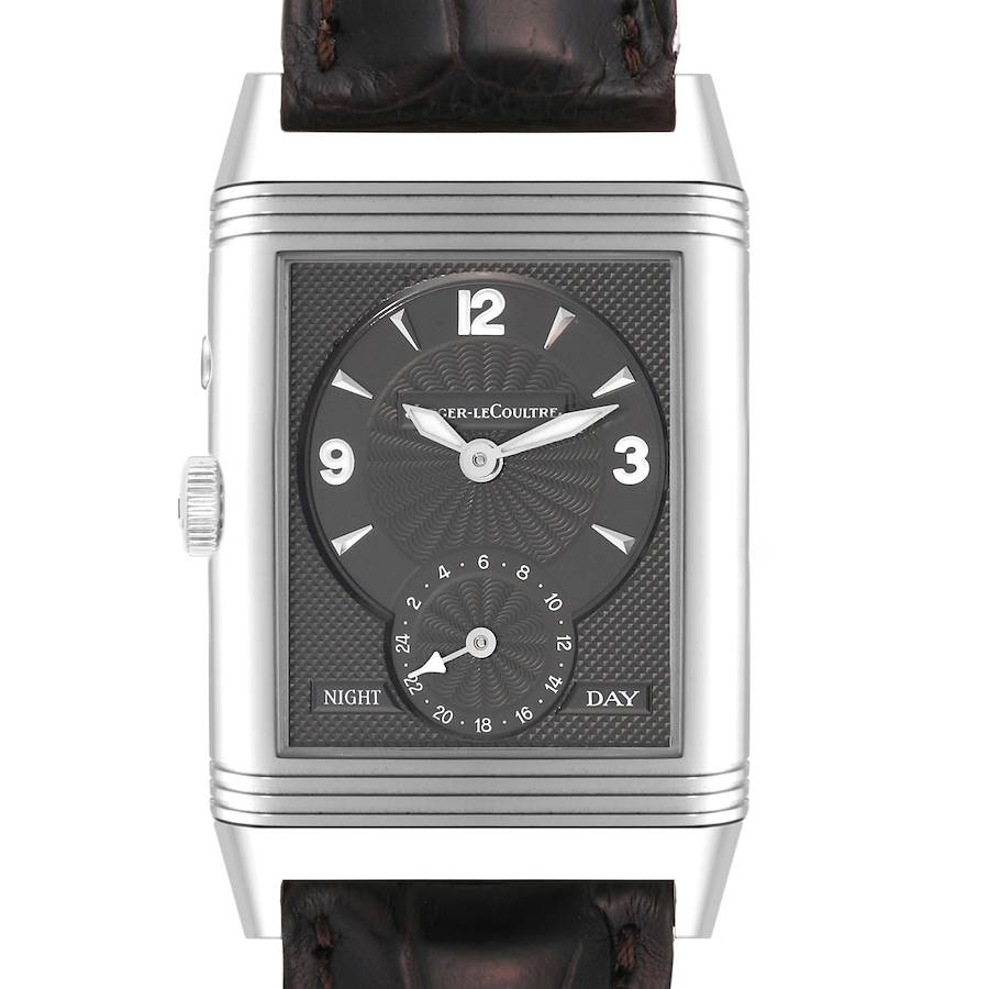 This image shows a front view of the Jaeger LeCoultre Reverso watch, highlighting its rectangular face and black leather strap.