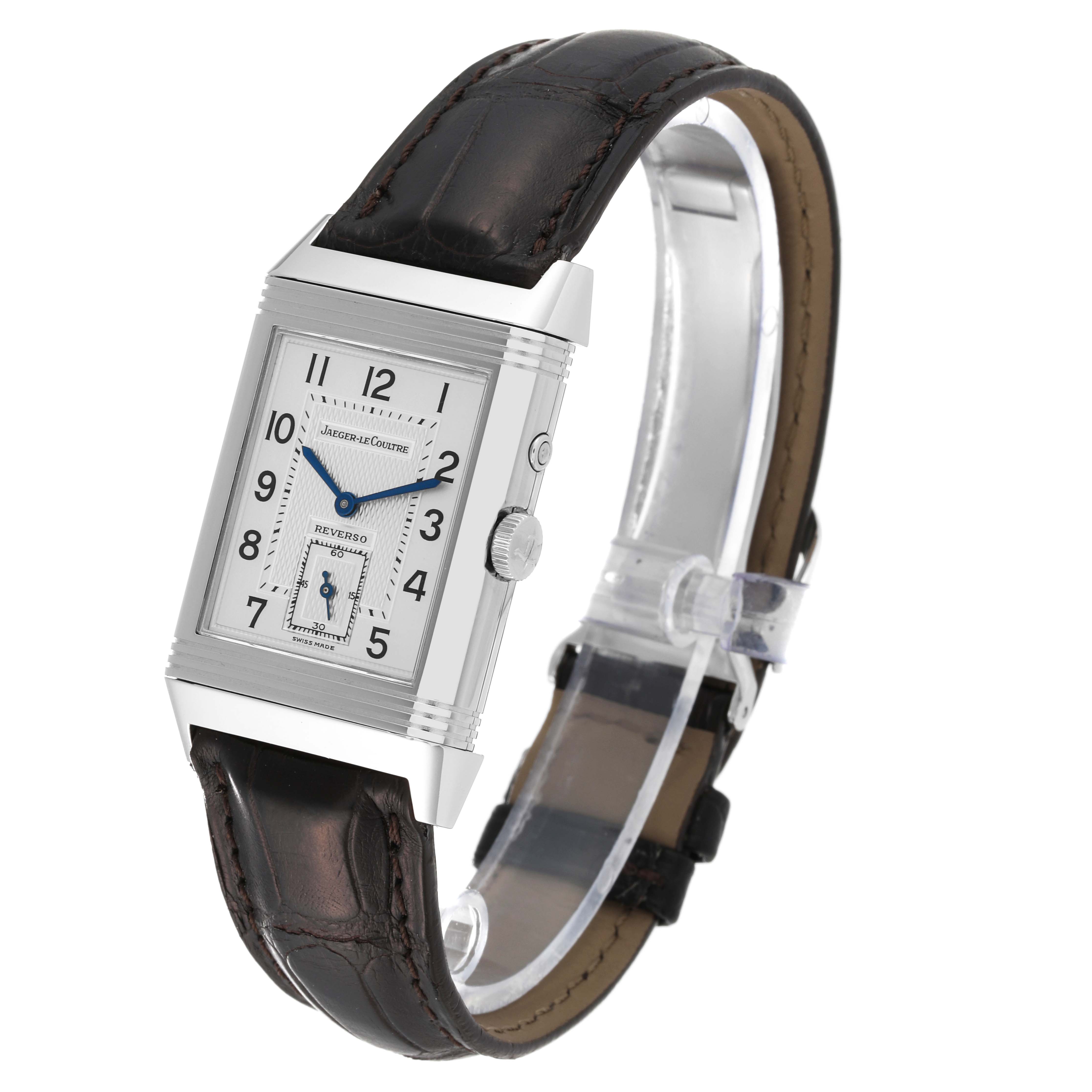 The Jaeger LeCoultre Reverso Q270854 Men's Stainless Steel Silver Dial Q270854 Men's Stainless Steel Silver Dial watch is shown at a slight angle, displaying the front face, side buttons, and leather strap.