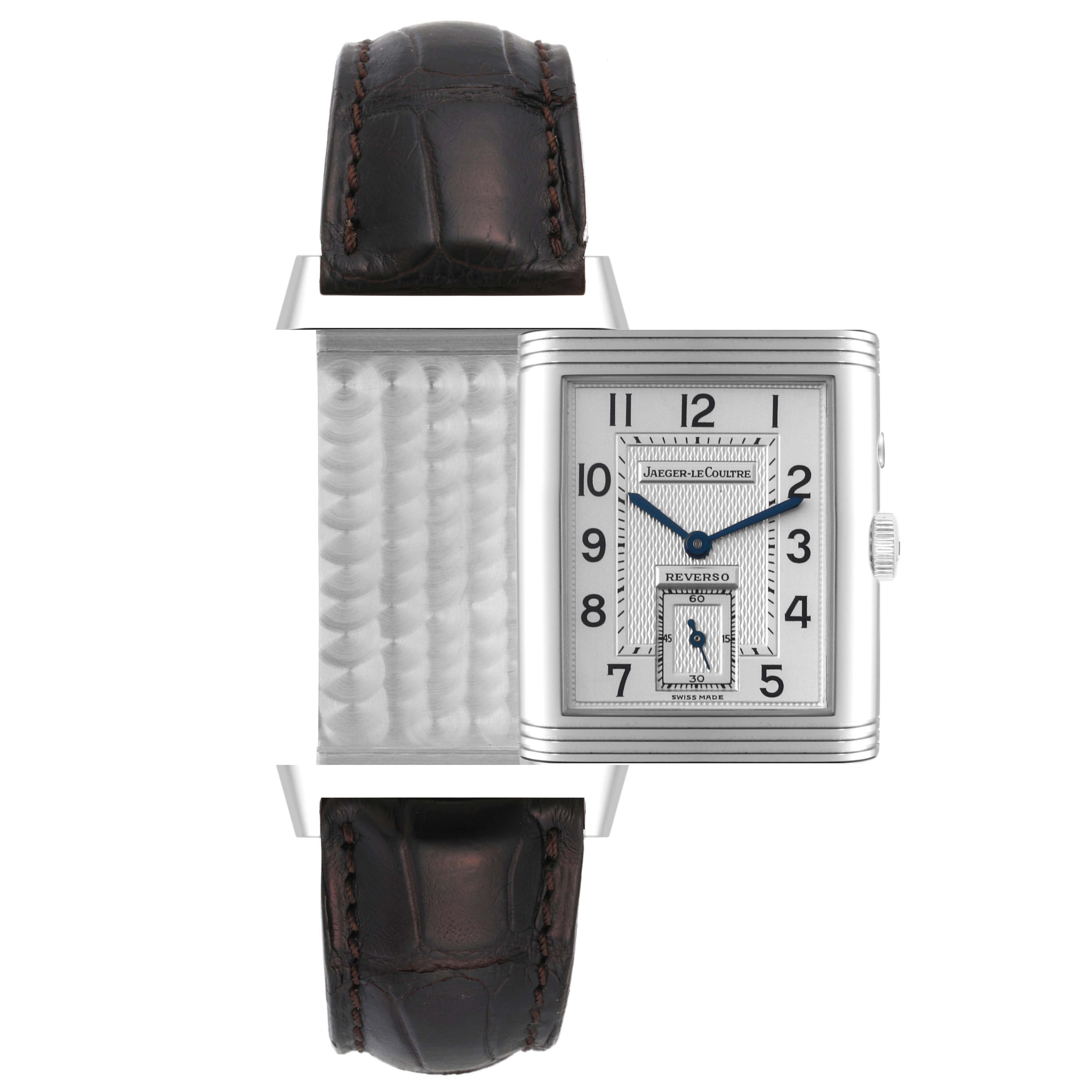 This image shows a Jaeger-LeCoultre Reverso watch with its case swiveled to display the front and reverse sides.