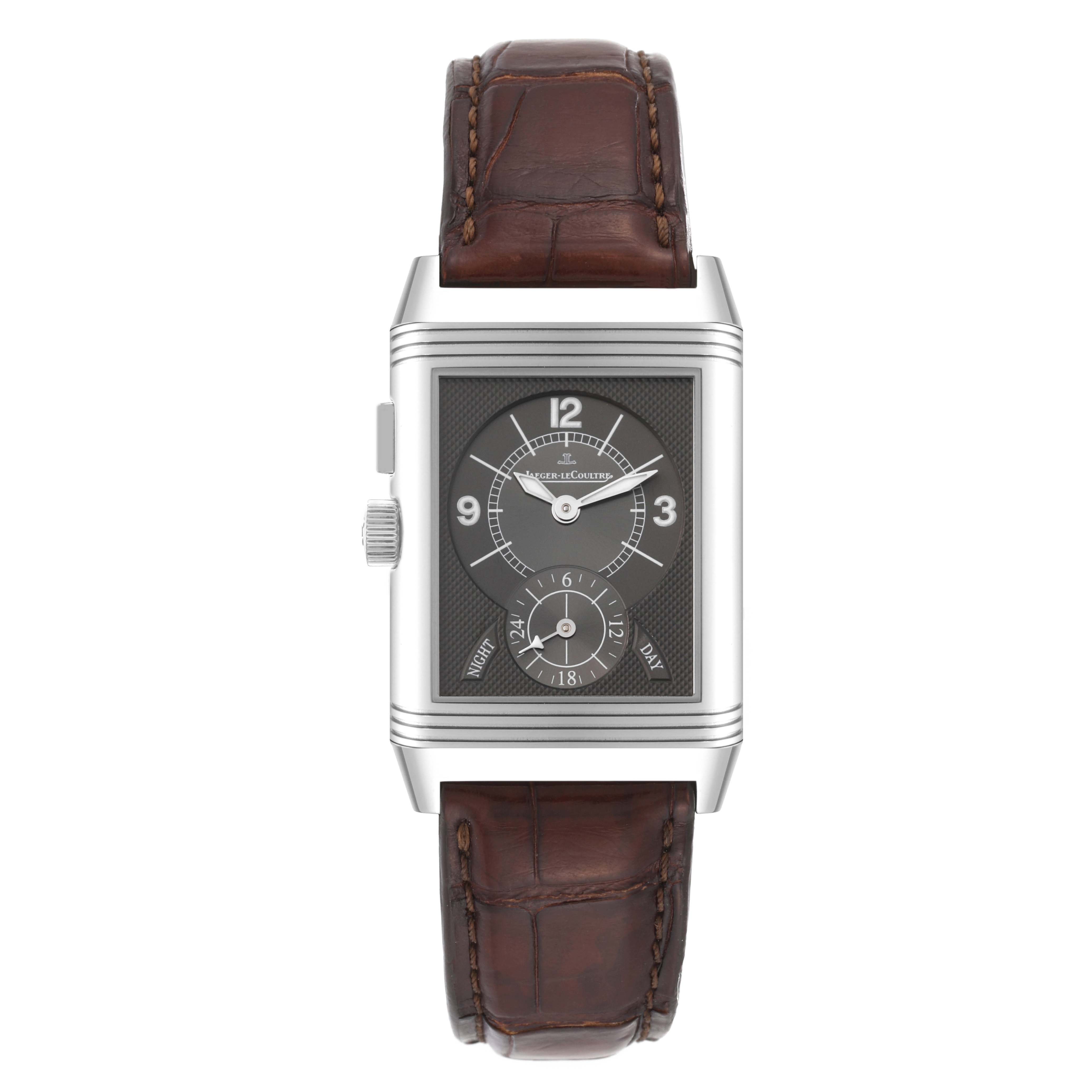The image shows a front view of the Jaeger LeCoultre Reverso Q2718410 Men's Stainless Steel Silver Dial Q2718410 Men's Stainless Steel Silver Dial watch featuring its face, case, and leather strap.