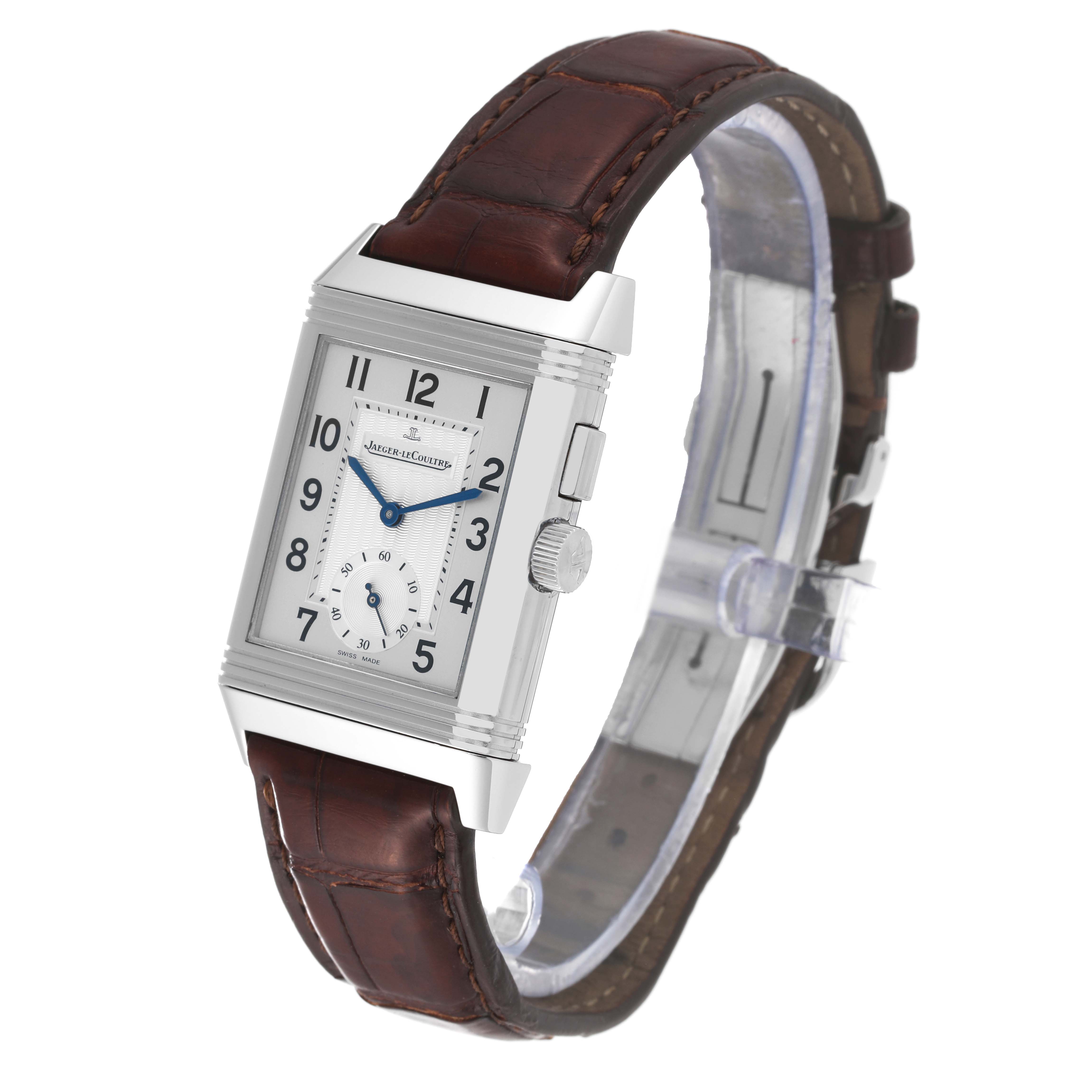 The image shows a Jaeger-LeCoultre Reverso model watch at a slight angle, highlighting its rectangular case and leather strap.