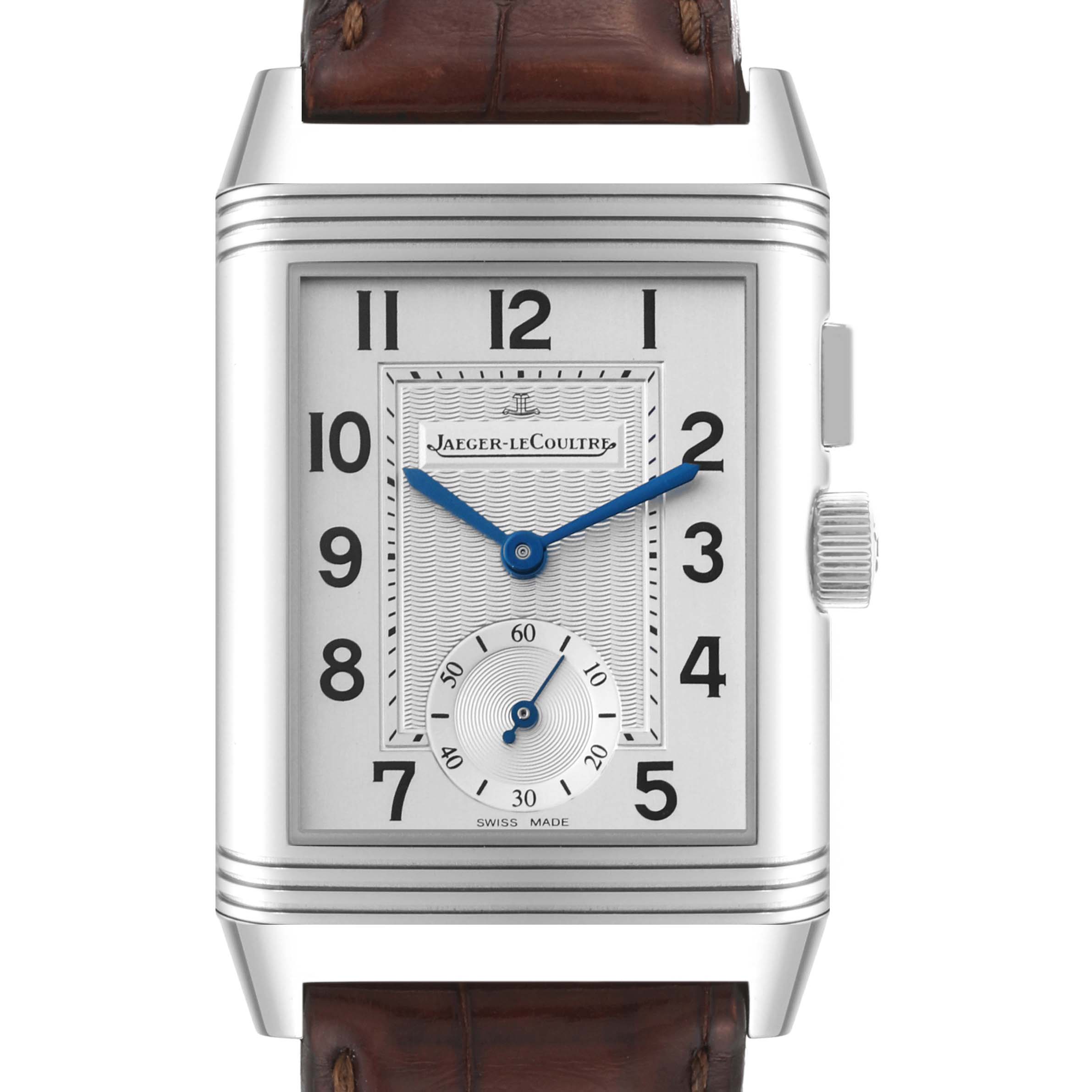 The image shows a frontal view of the Jaeger-LeCoultre Reverso watch, displaying its face, hands, dial, and leather strap.