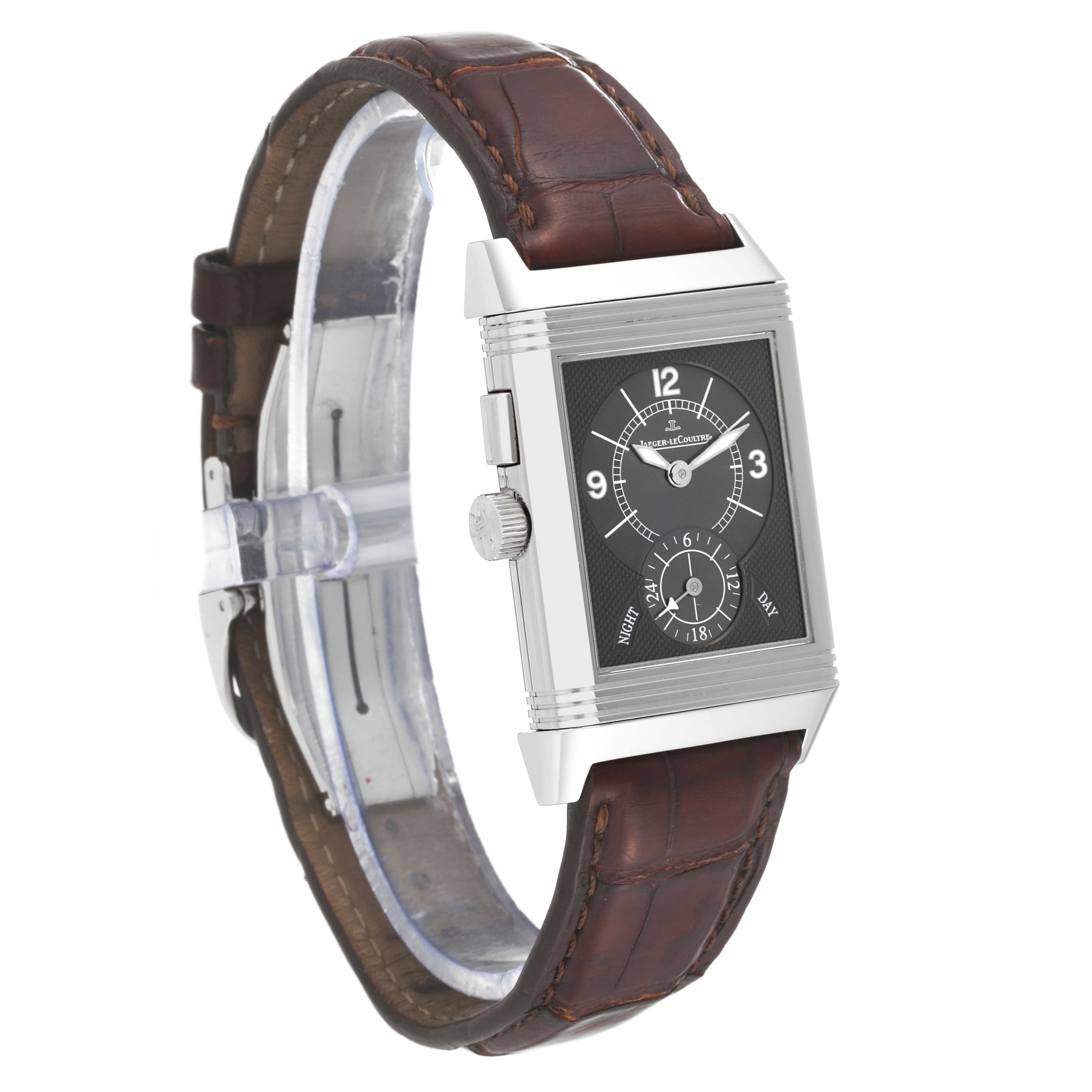 The watch is a Jaeger-LeCoultre Reverso model, shown at a side angle featuring the watch face and brown leather strap.