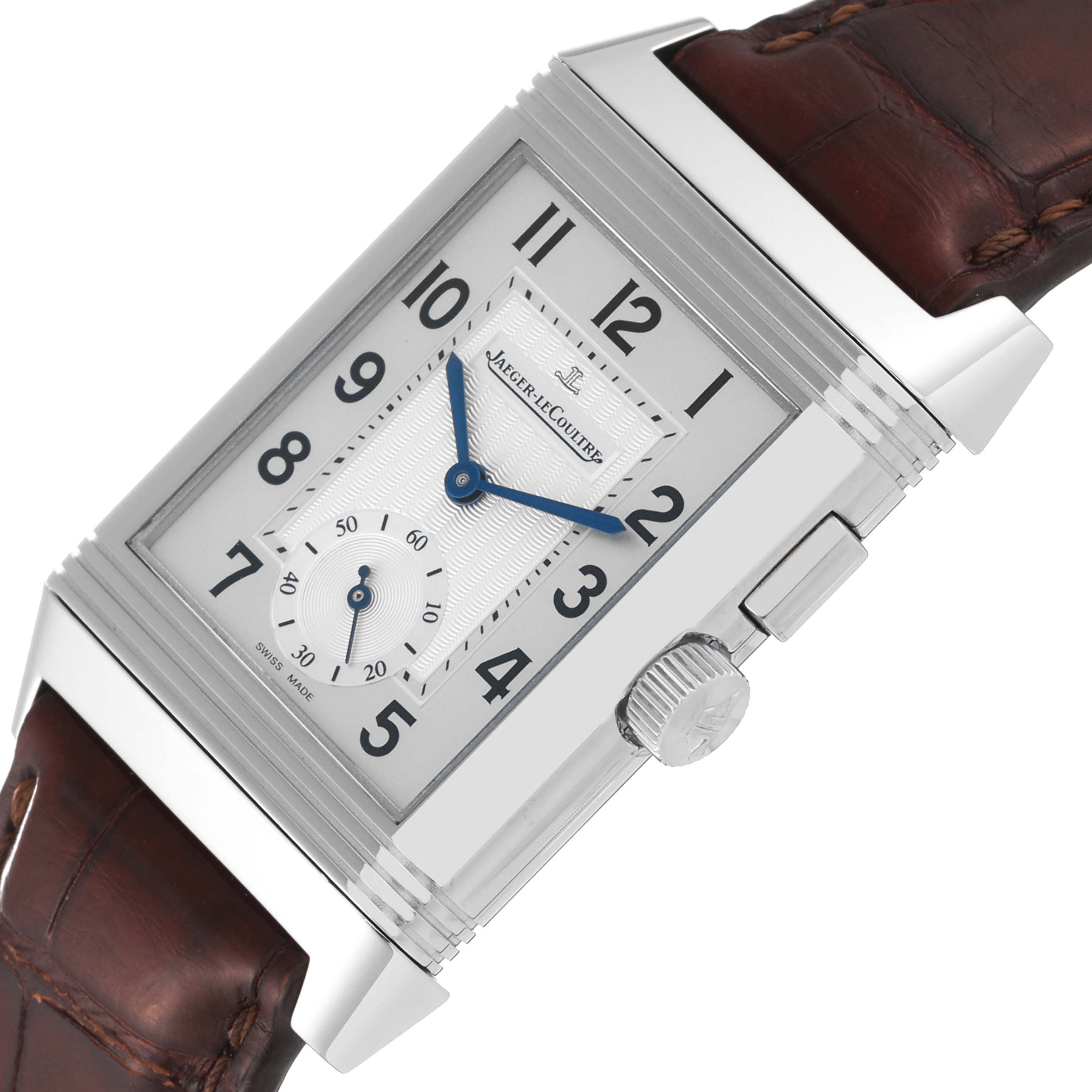 The image shows a close-up of the Jaeger-LeCoultre Reverso watch face, crown, and part of the leather strap, angled slightly to the right.