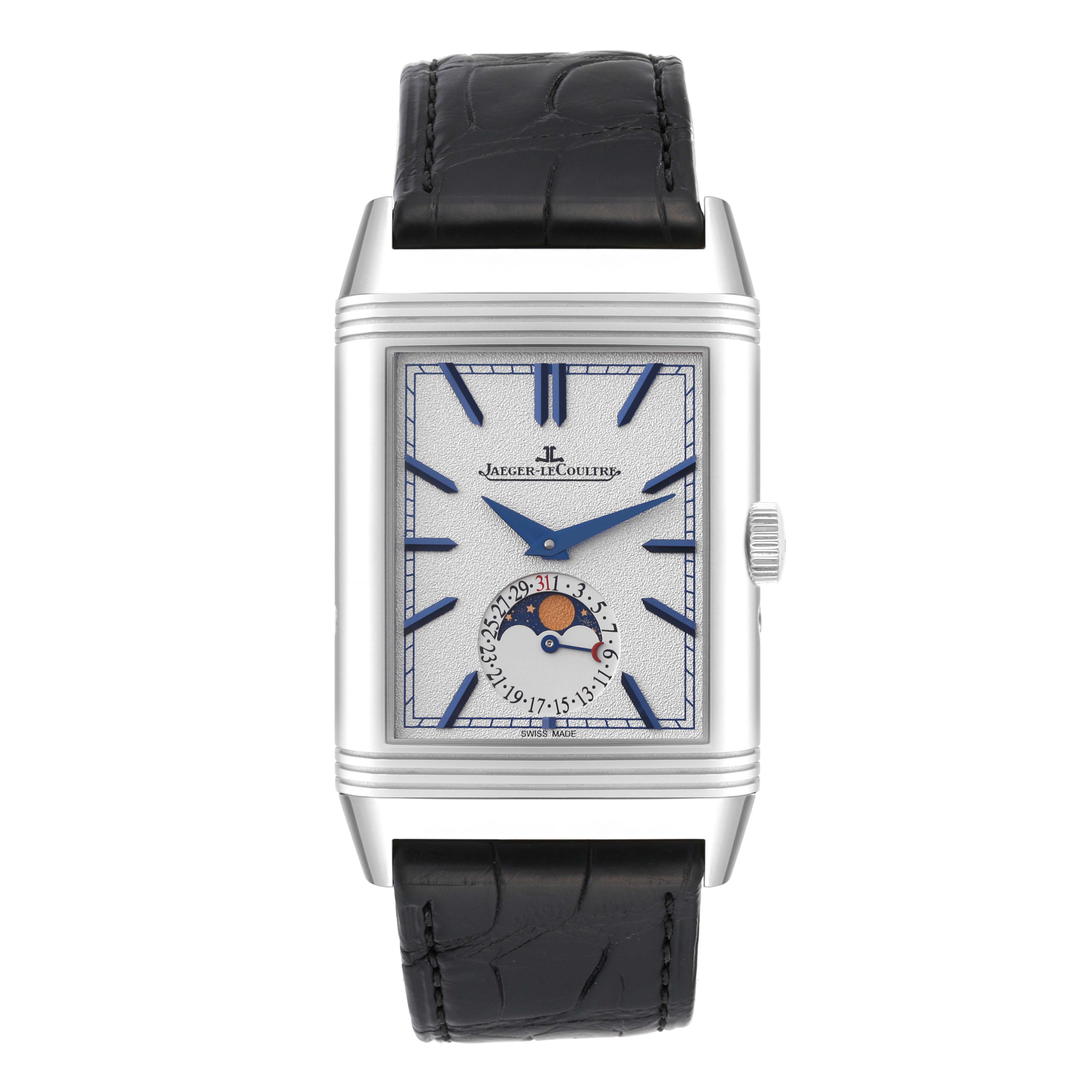 This image shows a front view of the Jaeger LeCoultre Reverso Q3958420 Men's Stainless Steel Blue Dial Q3958420 Men's Stainless Steel Blue Dial watch, featuring its rectangular face, black strap, and moon phase complication.