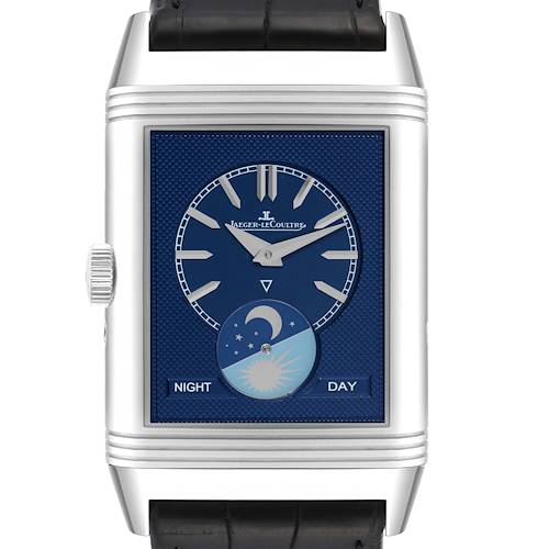 The image shows a front view of a Jaeger LeCoultre Reverso watch with a blue dial and a moonphase indicator.