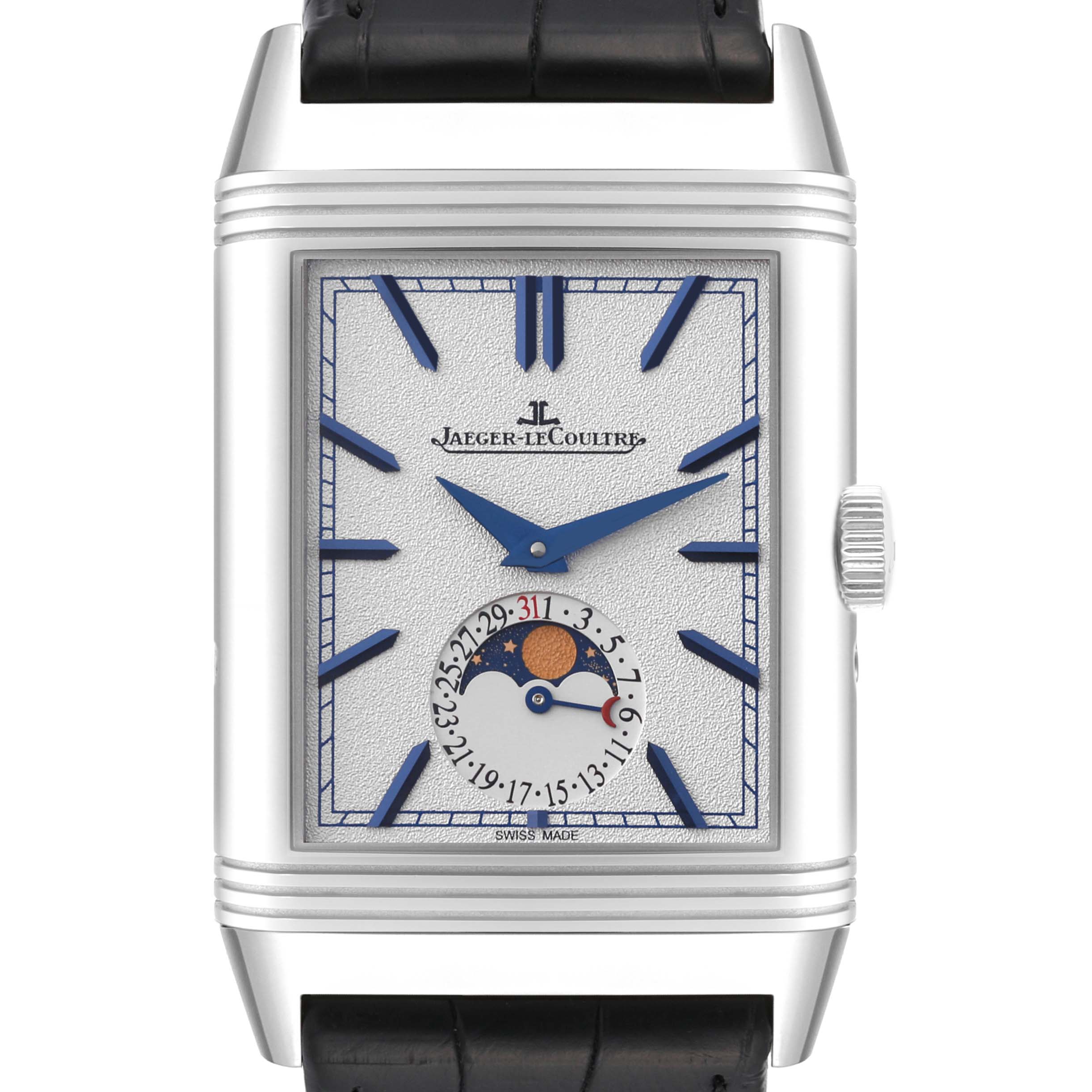 The image shows a front view of the Jaeger LeCoultre Reverso Q3958420 Men's Stainless Steel Blue Dial Q3958420 Men's Stainless Steel Blue Dial watch featuring the dial, moon phase, and date indicators.