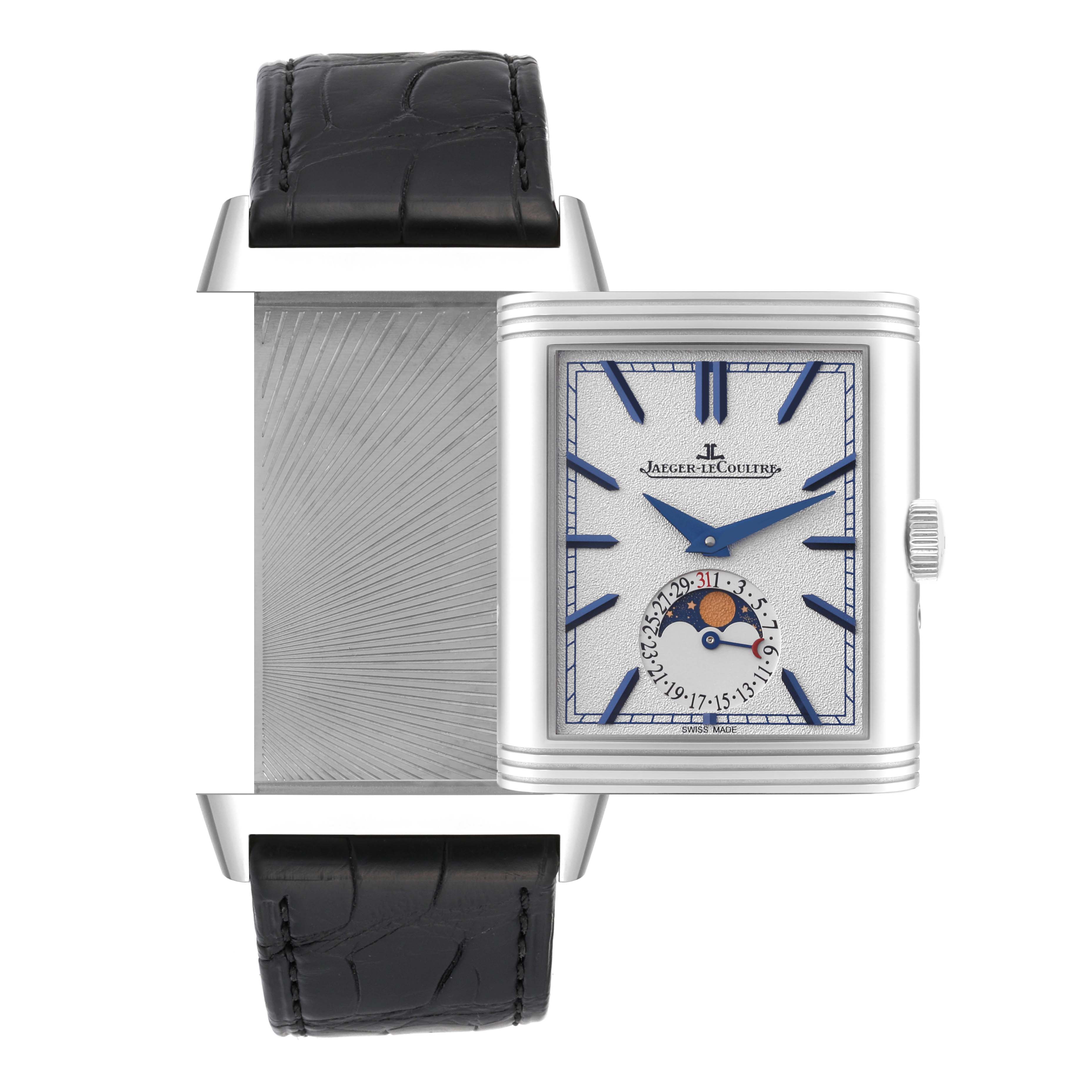 The image shows the Jaeger LeCoultre Reverso Q3958420 Men's Stainless Steel Blue Dial Q3958420 Men's Stainless Steel Blue Dial watch with a black strap, displaying both the front and reverse sides.