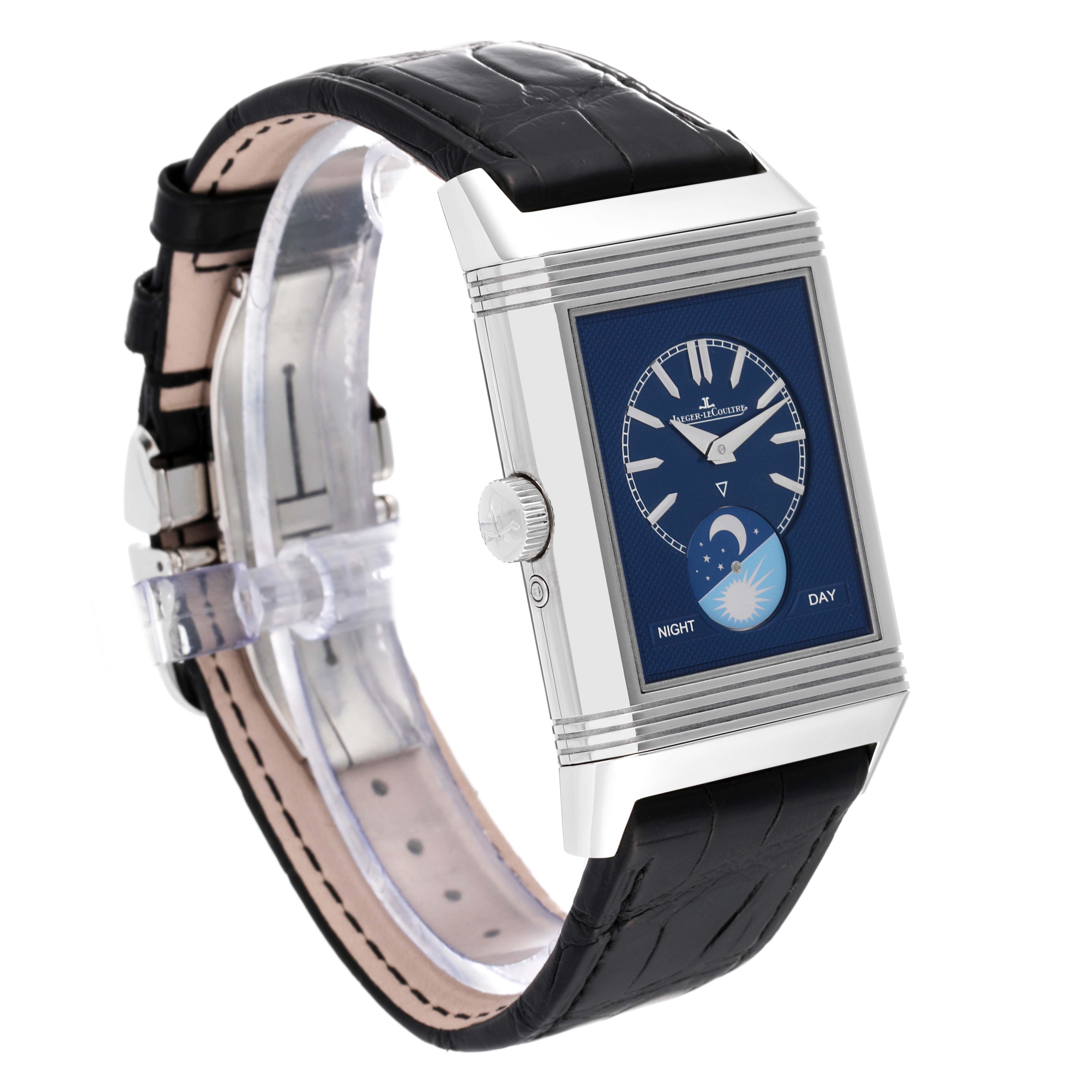 The Reverso model by Jaeger-LeCoultre is shown from an angled view, highlighting its face, crown, and black leather strap.