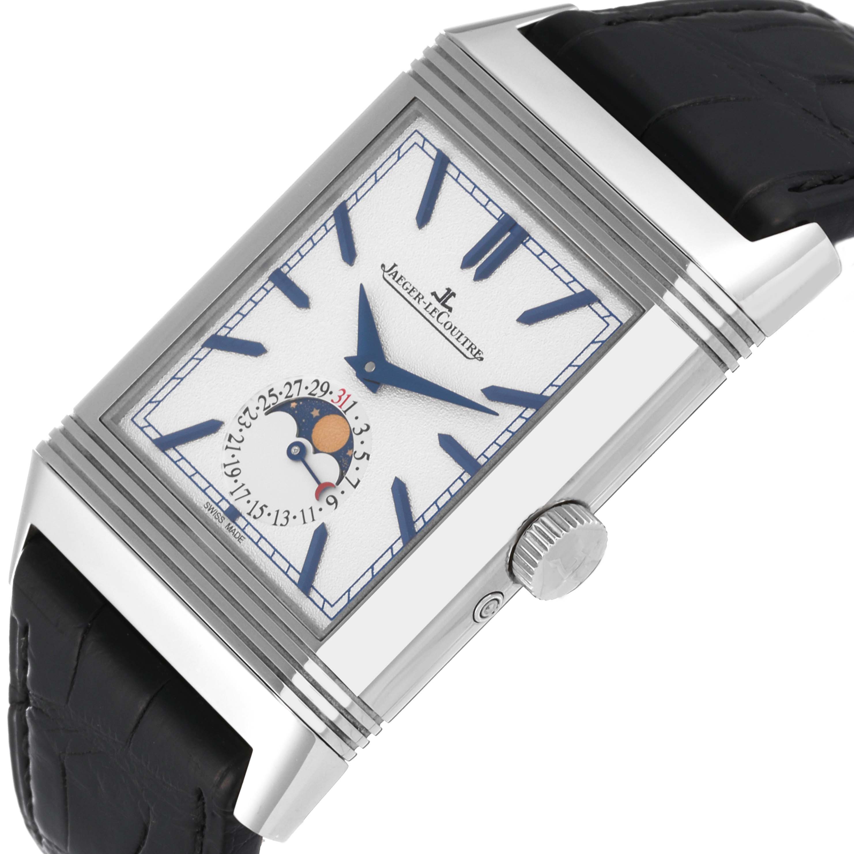 The image shows a Jaeger-LeCoultre Reverso watch at an angled view highlighting the face, crown, and part of the strap.