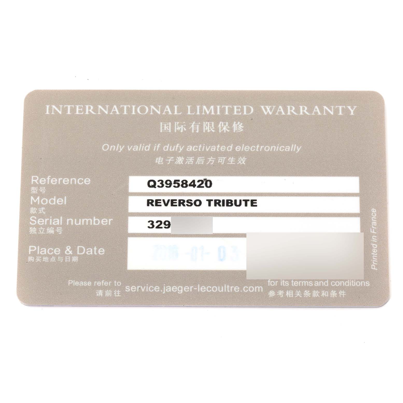 The image shows the International Limited Warranty card for a Jaeger-LeCoultre Reverso Tribute watch.