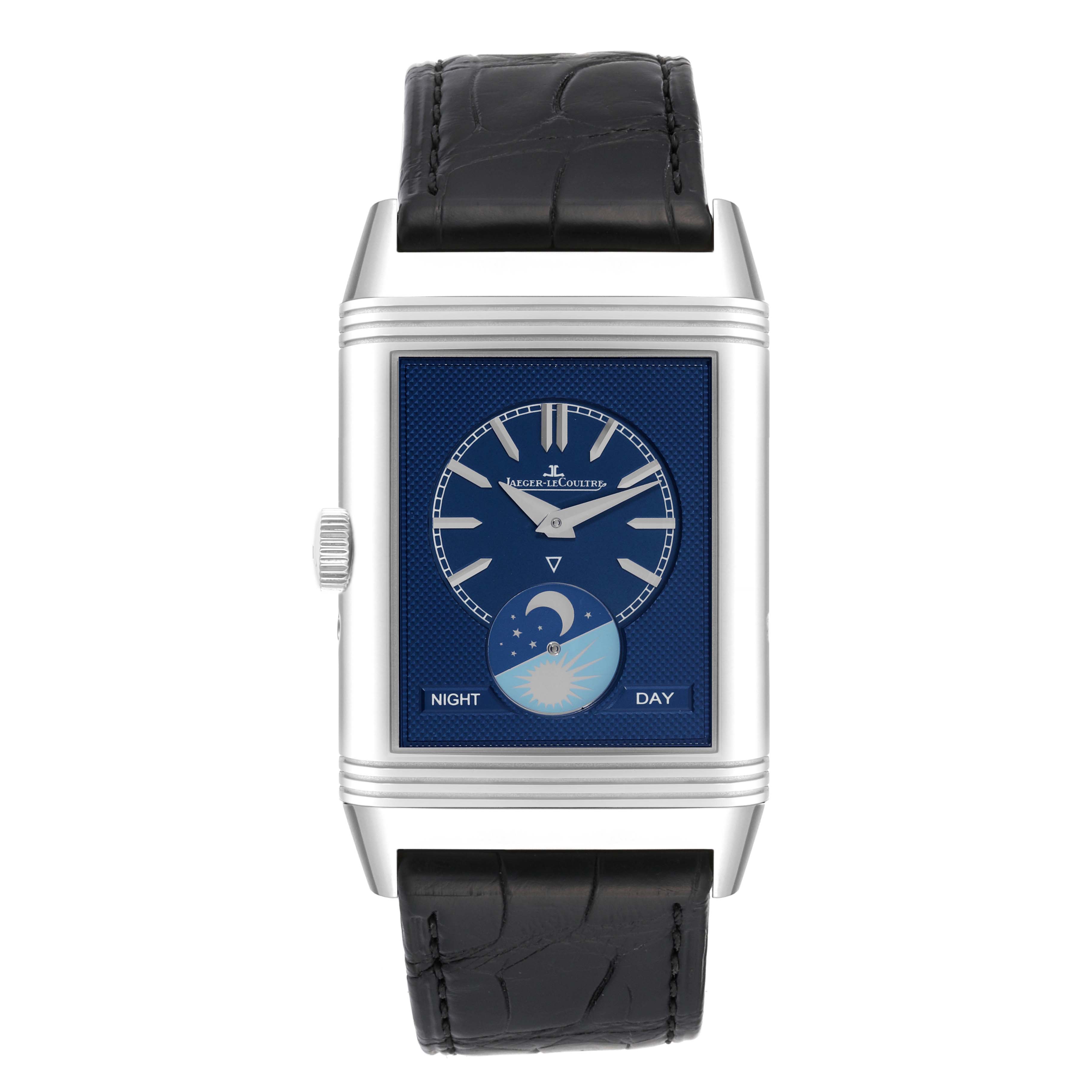 Front view of the Jaeger LeCoultre Reverso Q3958420 Men's Stainless Steel Blue Dial Q3958420 Men's Stainless Steel Blue Dial watch showing the dial, hands, night-day indicator, and leather strap.