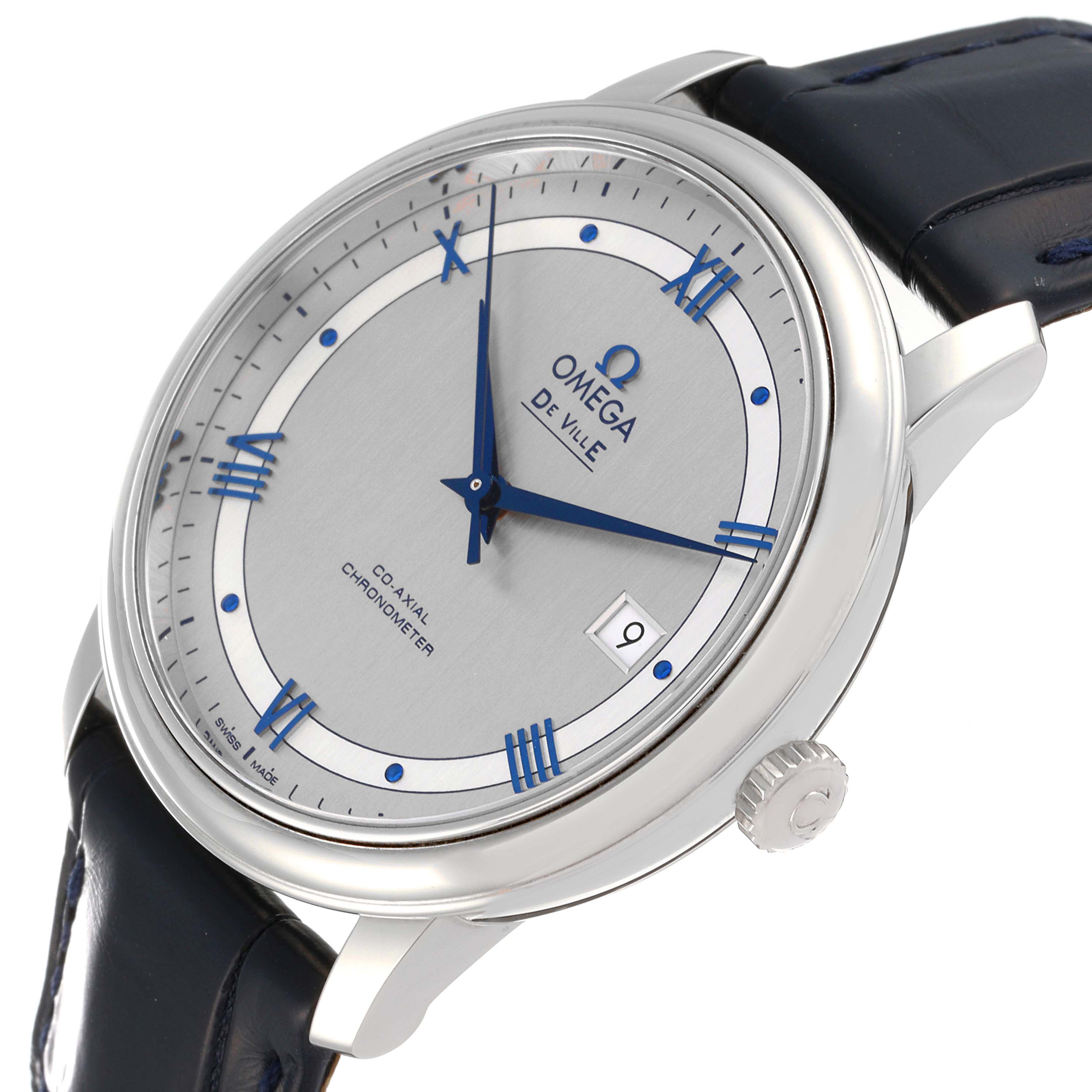 The image shows the Omega De Ville 424.13.40.20.02.003 Men
s Stainless Steel Grey Dial 424.13.40.20.02.003 Men
s Stainless Steel Grey Dial watch at an oblique angle highlighting its face, crown, and strap.