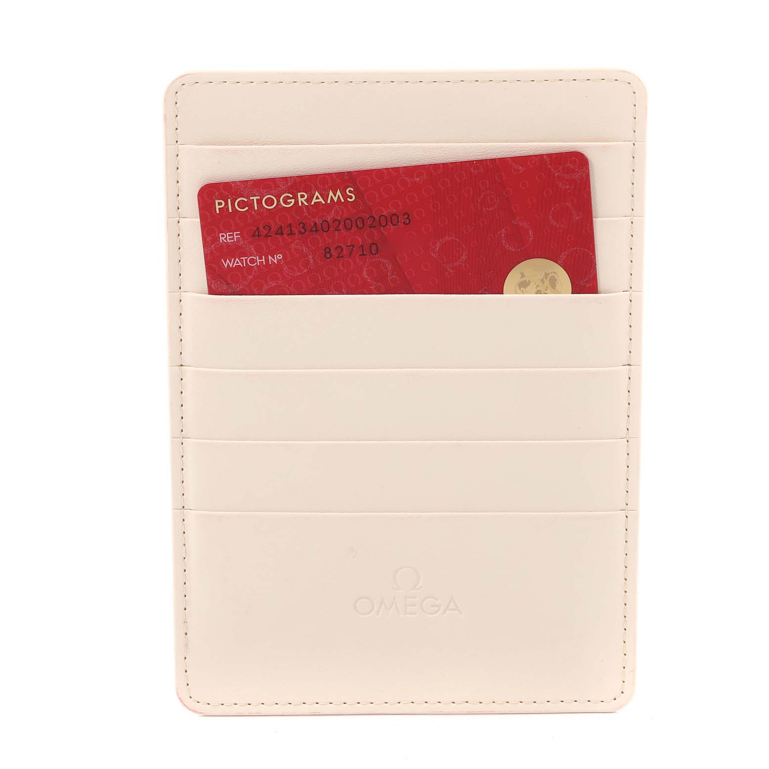The image shows a cream Omega cardholder with a red pictogram card, associated with the De Ville model.