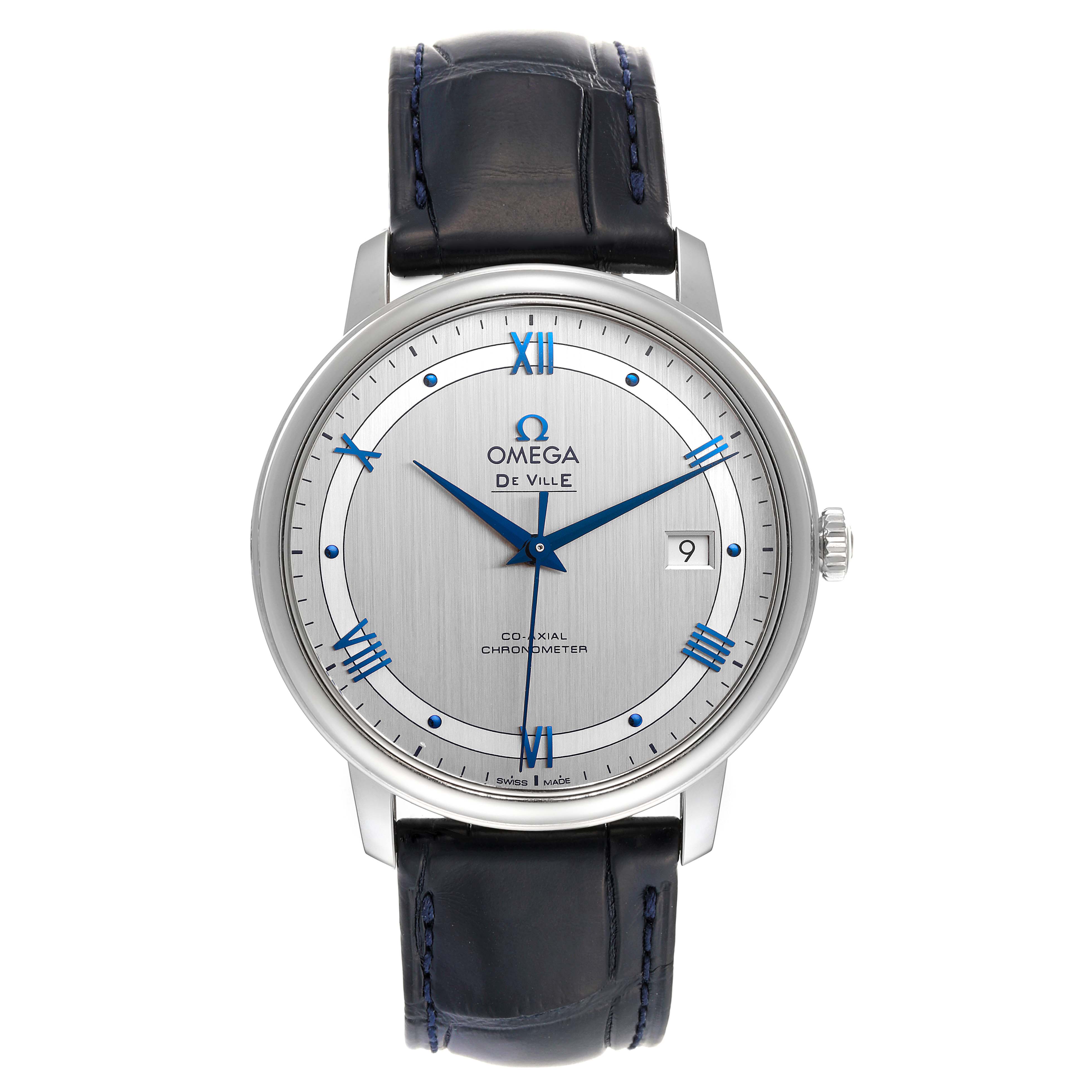 The image shows a frontal view of an Omega De Ville 424.13.40.20.02.003 Men
s Stainless Steel Grey Dial 424.13.40.20.02.003 Men
s Stainless Steel Grey Dial watch, displaying its dial, hands, case, and leather strap.