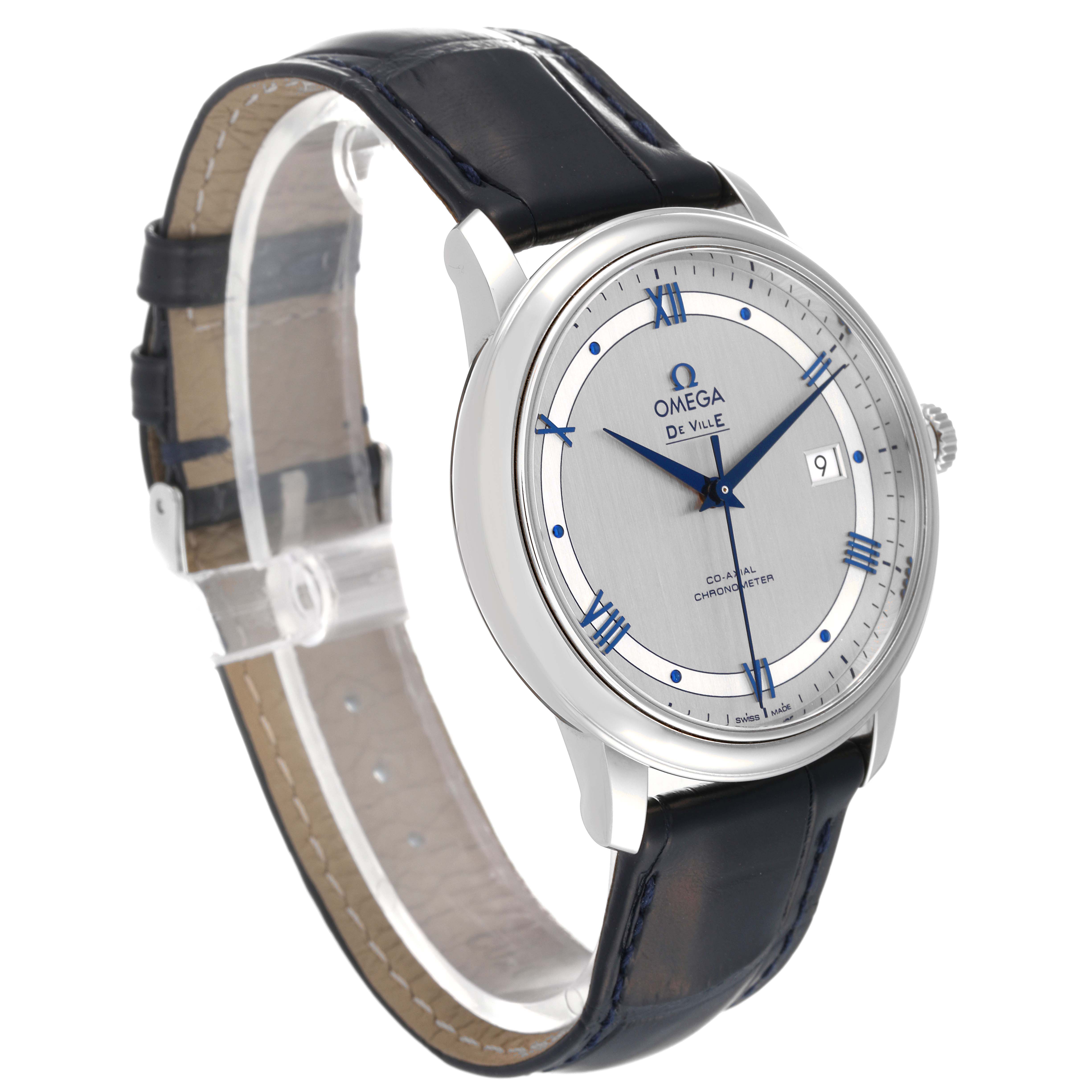 This image shows a side angle view of the Omega De Ville 424.13.40.20.02.003 Men
s Stainless Steel Grey Dial 424.13.40.20.02.003 Men
s Stainless Steel Grey Dial watch, highlighting the face, band, and crown.