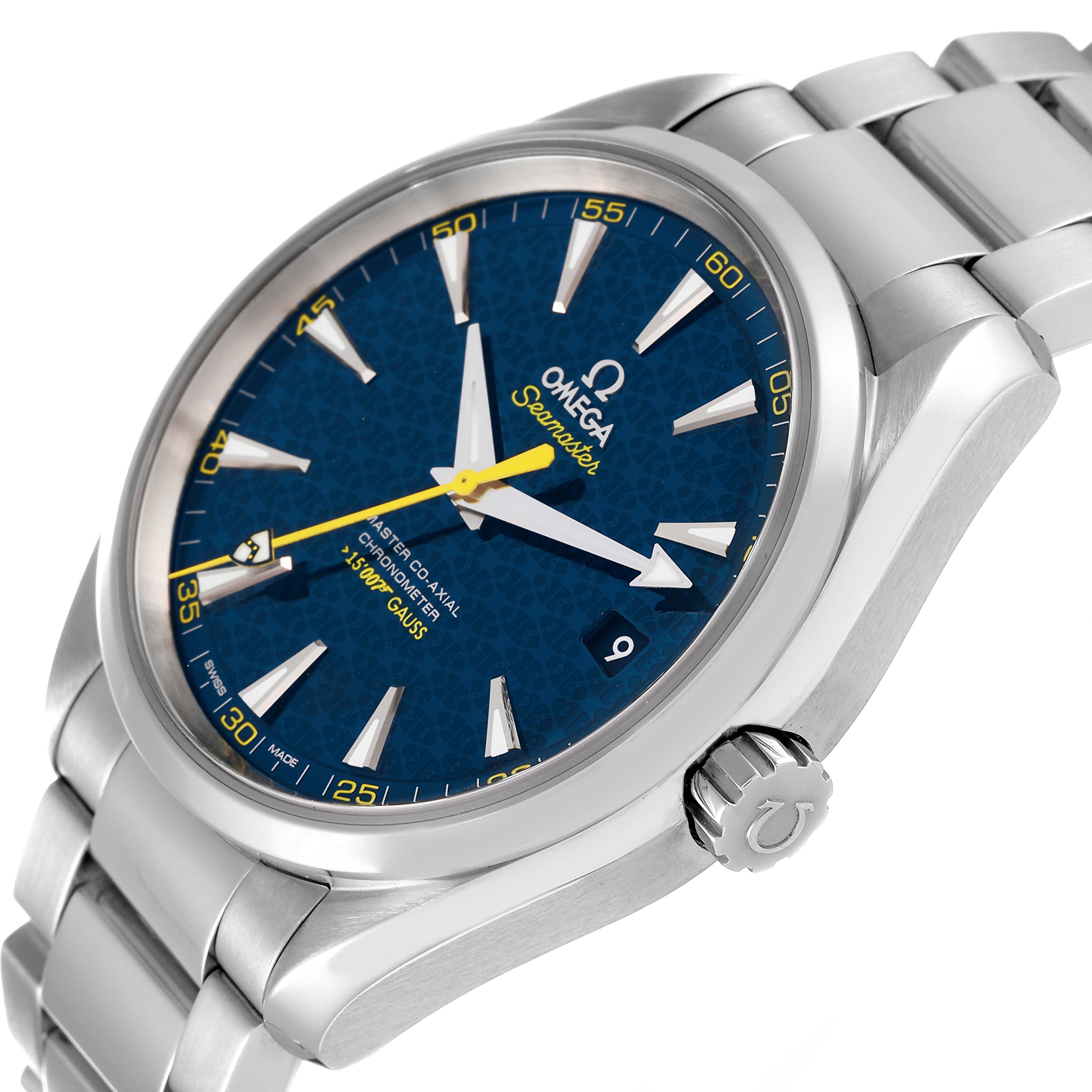 This image shows the Omega Aqua Terra 231.10.42.21.03.004 Men's Stainless Steel Blue Dial 231.10.42.21.03.004 Men's Stainless Steel Blue Dial watch at an angle highlighting its blue dial, stainless steel case, bracelet, and crown.