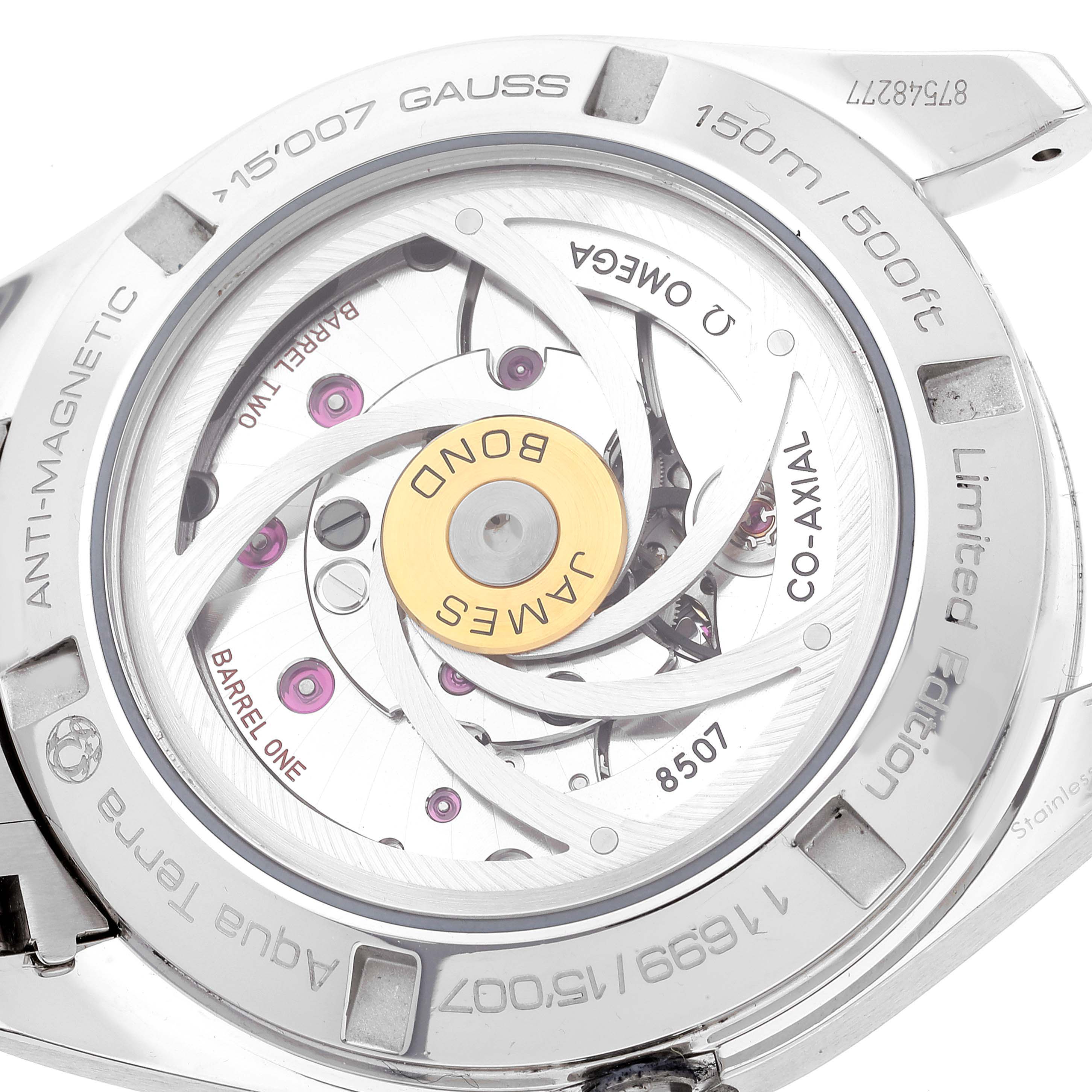 The image shows the back of the Omega Aqua Terra 231.10.42.21.03.004 Men's Stainless Steel Blue Dial 231.10.42.21.03.004 Men's Stainless Steel Blue Dial watch, revealing its inner mechanics and the "James Bond" special edition inscription.