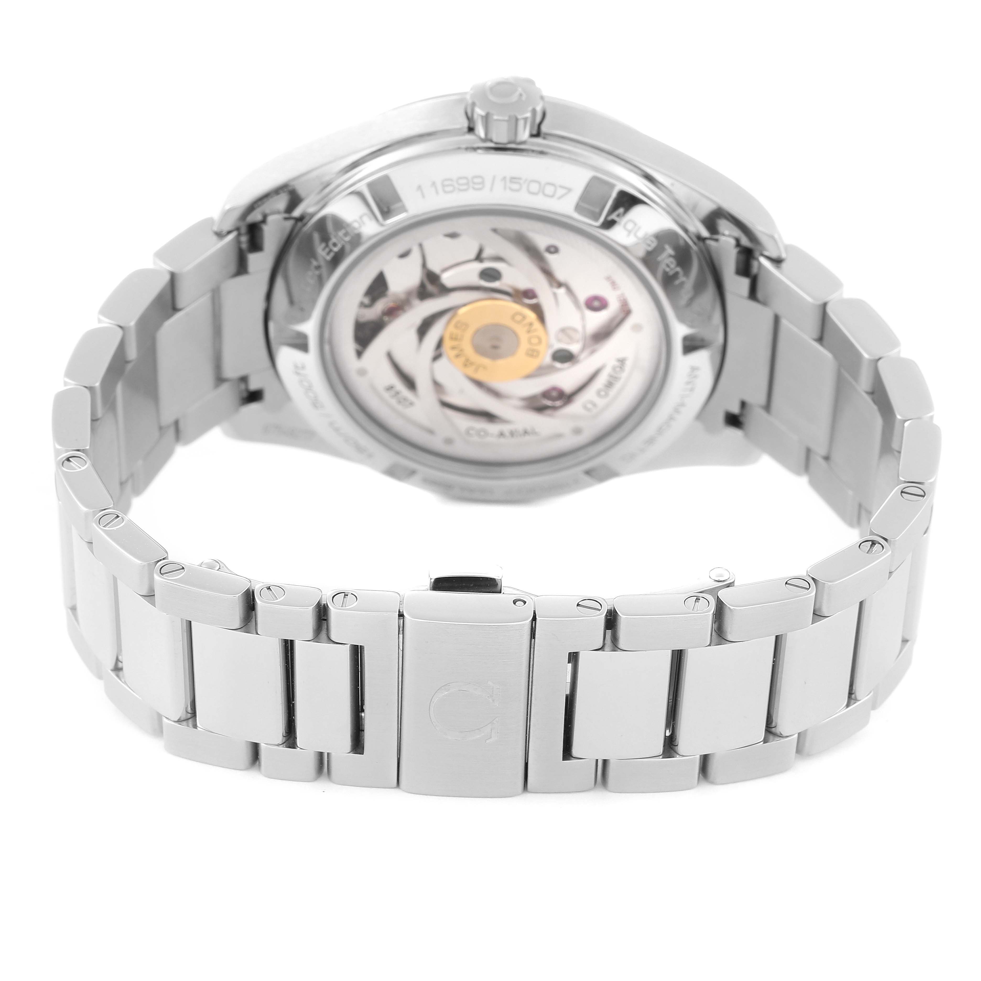 The image shows the back view of the Omega Aqua Terra 231.10.42.21.03.004 Men's Stainless Steel Blue Dial 231.10.42.21.03.004 Men's Stainless Steel Blue Dial watch, focusing on its stainless steel bracelet and visible movement mechanism.