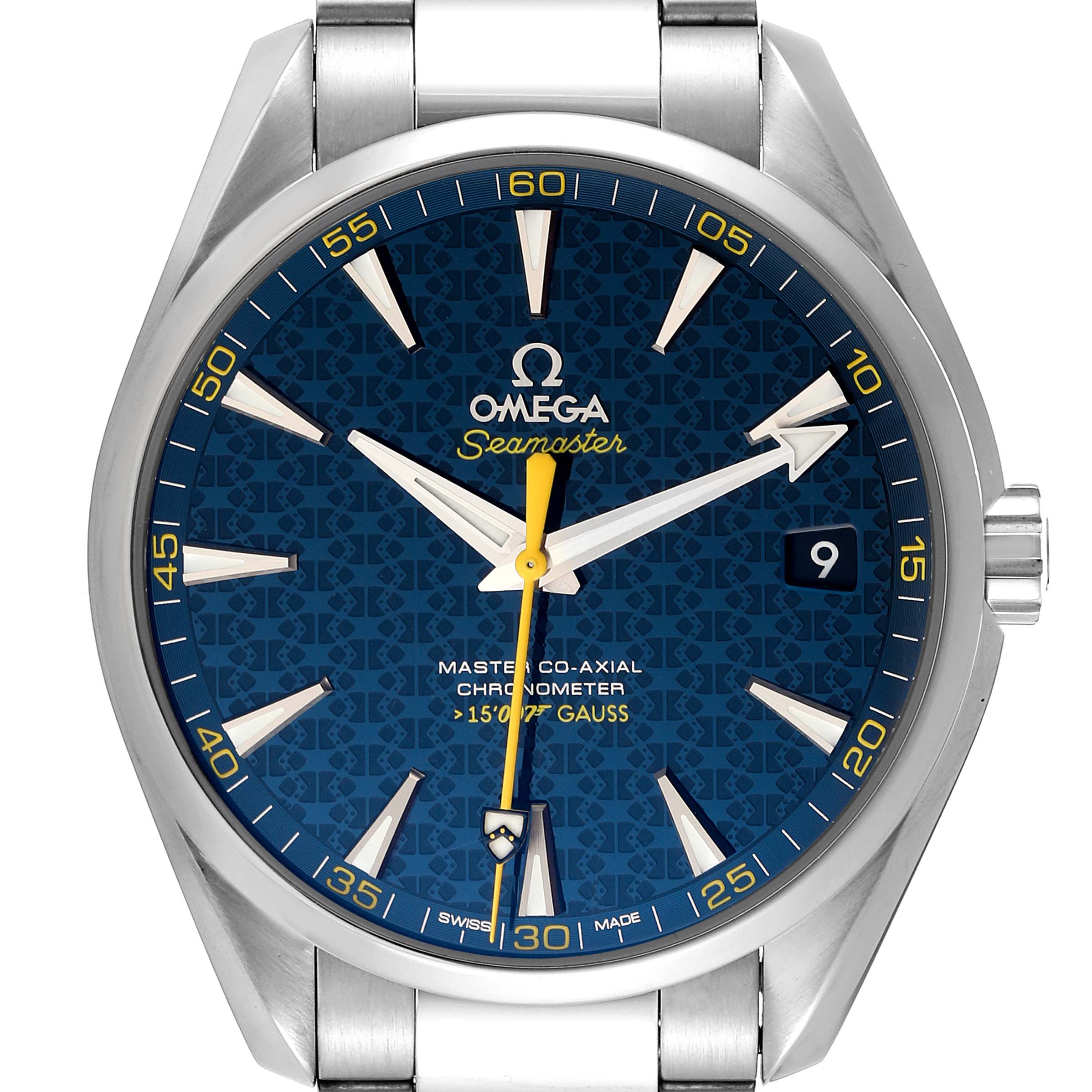 This image shows a front view of the Omega Aqua Terra 231.10.42.21.03.004 Men's Stainless Steel Blue Dial 231.10.42.21.03.004 Men's Stainless Steel Blue Dial watch, displaying its blue dial, yellow second hand, and date window.