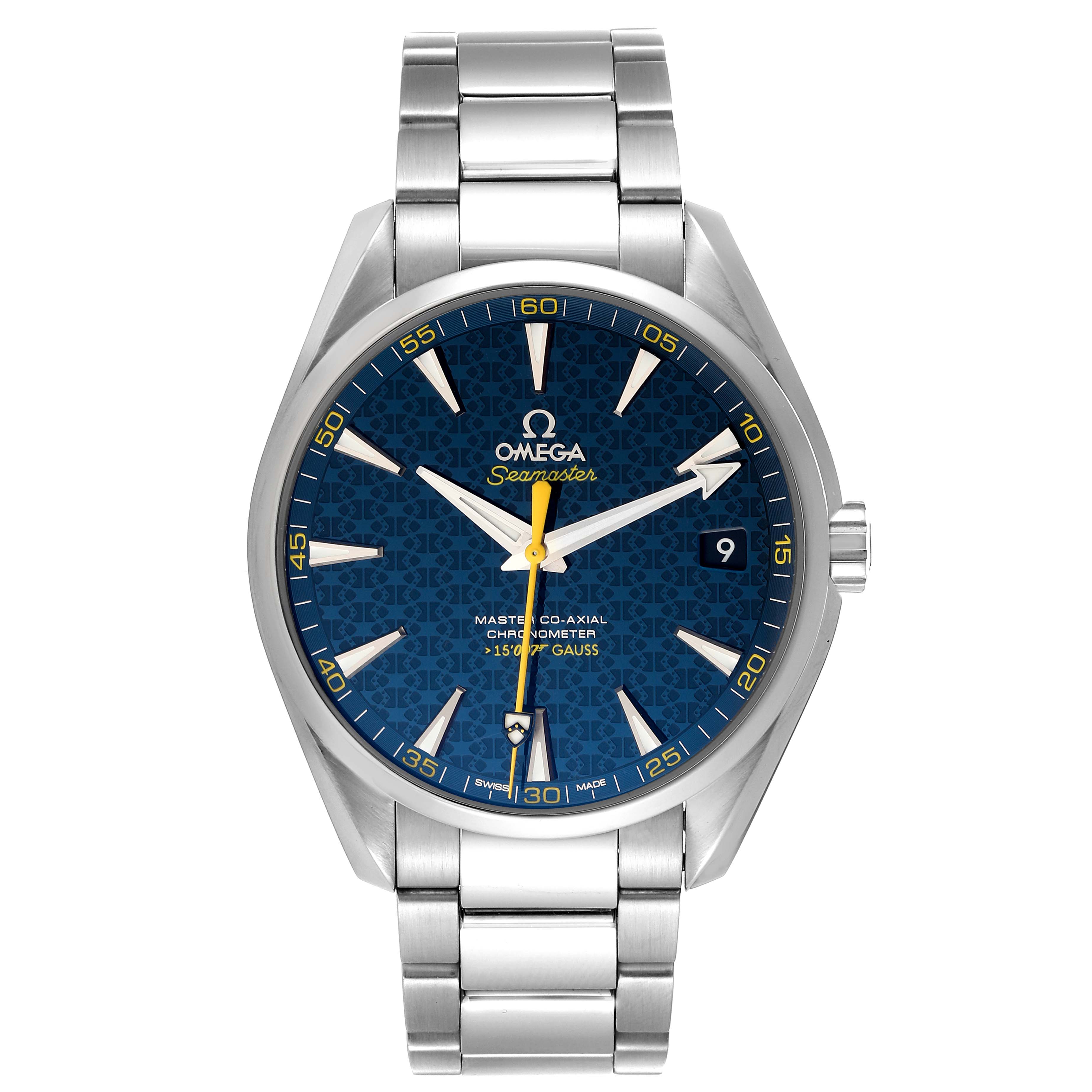 The image shows a front view of an Omega Aqua Terra 231.10.42.21.03.004 Men's Stainless Steel Blue Dial 231.10.42.21.03.004 Men's Stainless Steel Blue Dial watch, highlighting its blue dial, date window, and stainless steel bracelet.