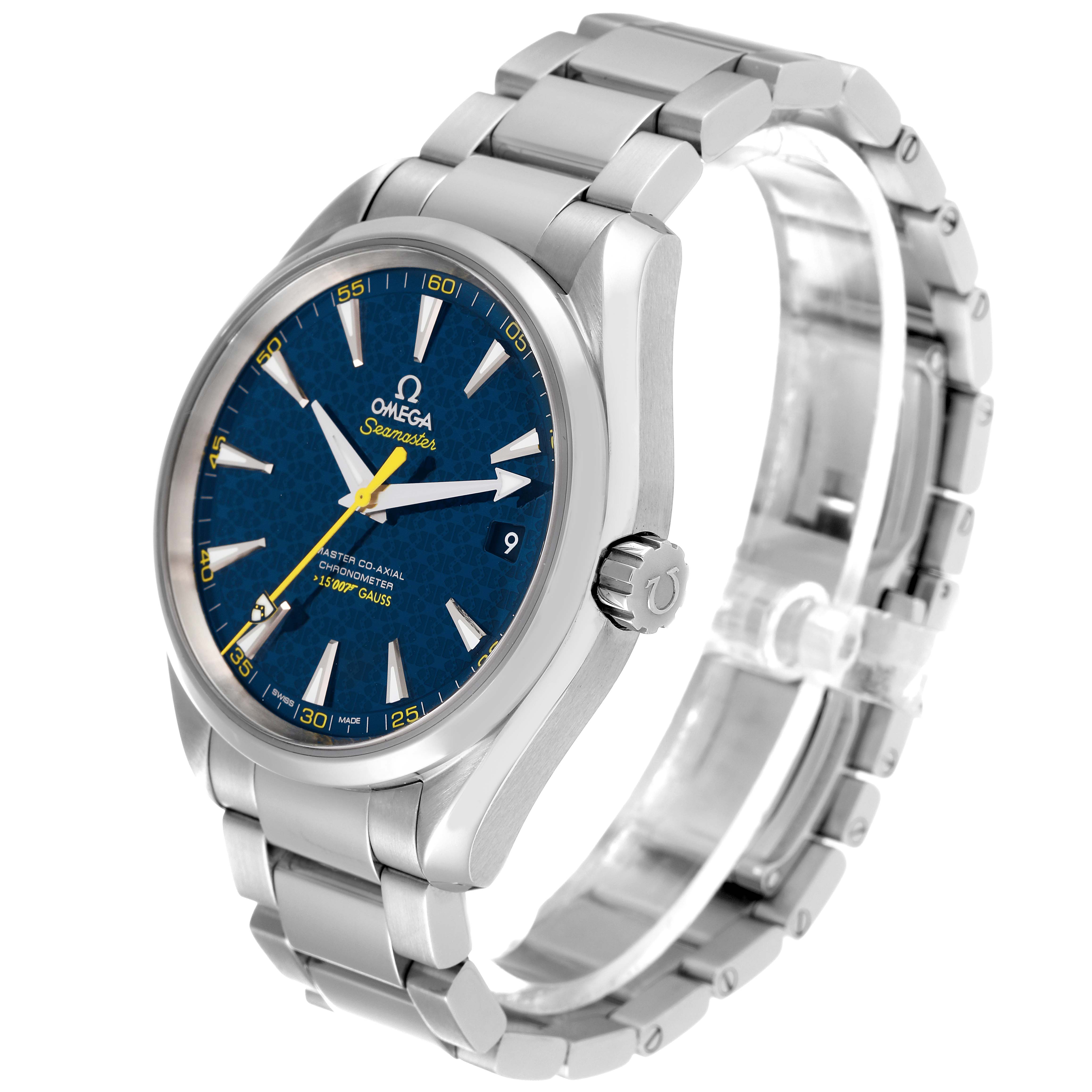 The Omega Aqua Terra 231.10.42.21.03.004 Men's Stainless Steel Blue Dial 231.10.42.21.03.004 Men's Stainless Steel Blue Dial watch is shown at a three-quarter angle displaying the face, case, bracelet, and crown.