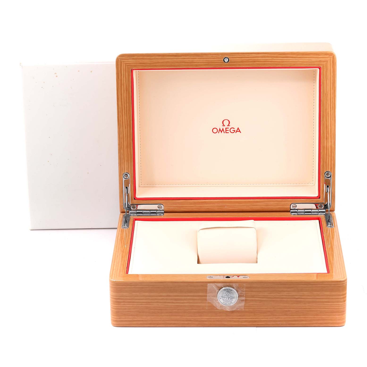 The image depicts the opened wooden case of an Omega Aqua Terra 231.10.42.21.03.004 Men's Stainless Steel Blue Dial 231.10.42.21.03.004 Men's Stainless Steel Blue Dial model watch, showcasing its interior cushioned holder.