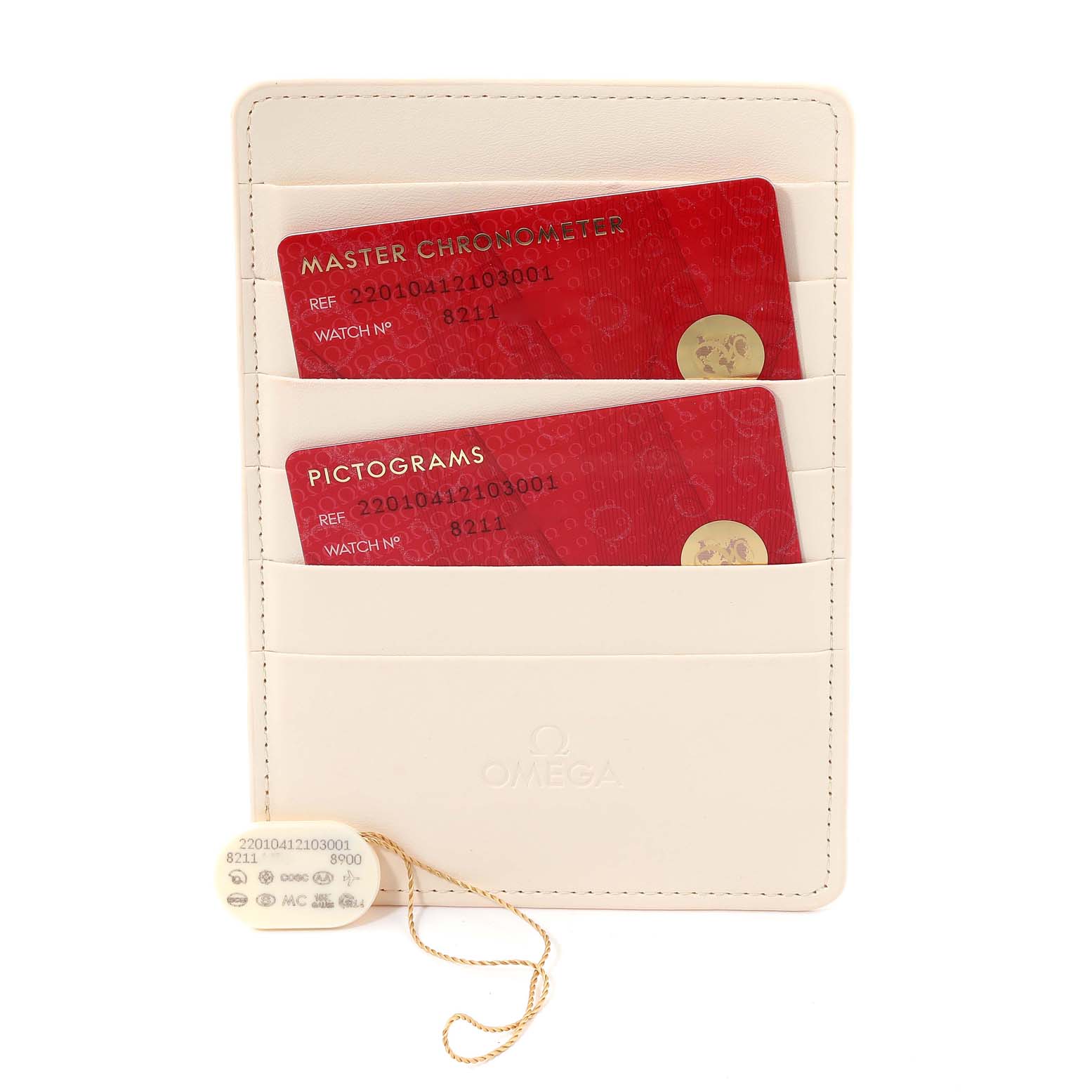 The image shows a cardholder with certification cards and a tag for the Aqua Terra model by Omega, viewed from the front.