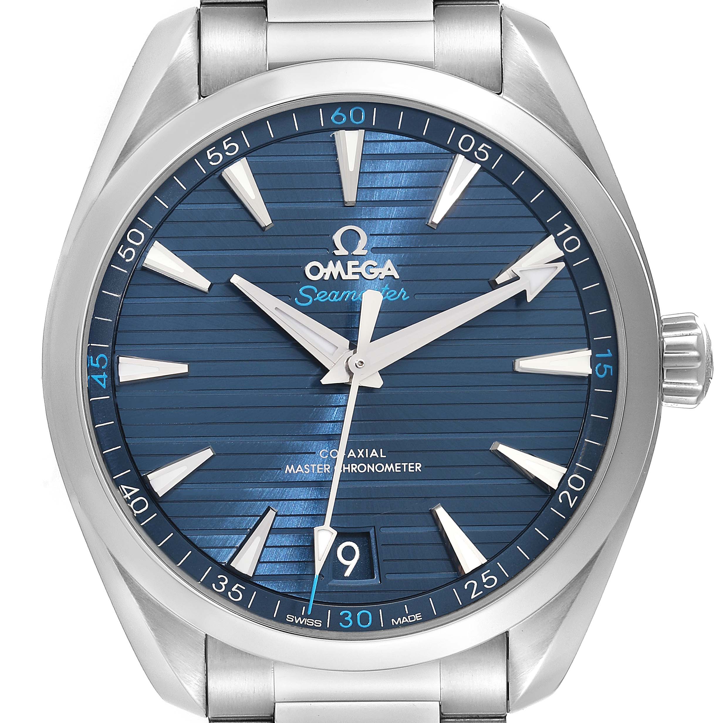 The image shows a front view of an Omega Aqua Terra 220.10.41.21.03.001 Men
s Stainless Steel Blue Dial 220.10.41.21.03.001 Men
s Stainless Steel Blue Dial watch
s face and partial metal bracelet.