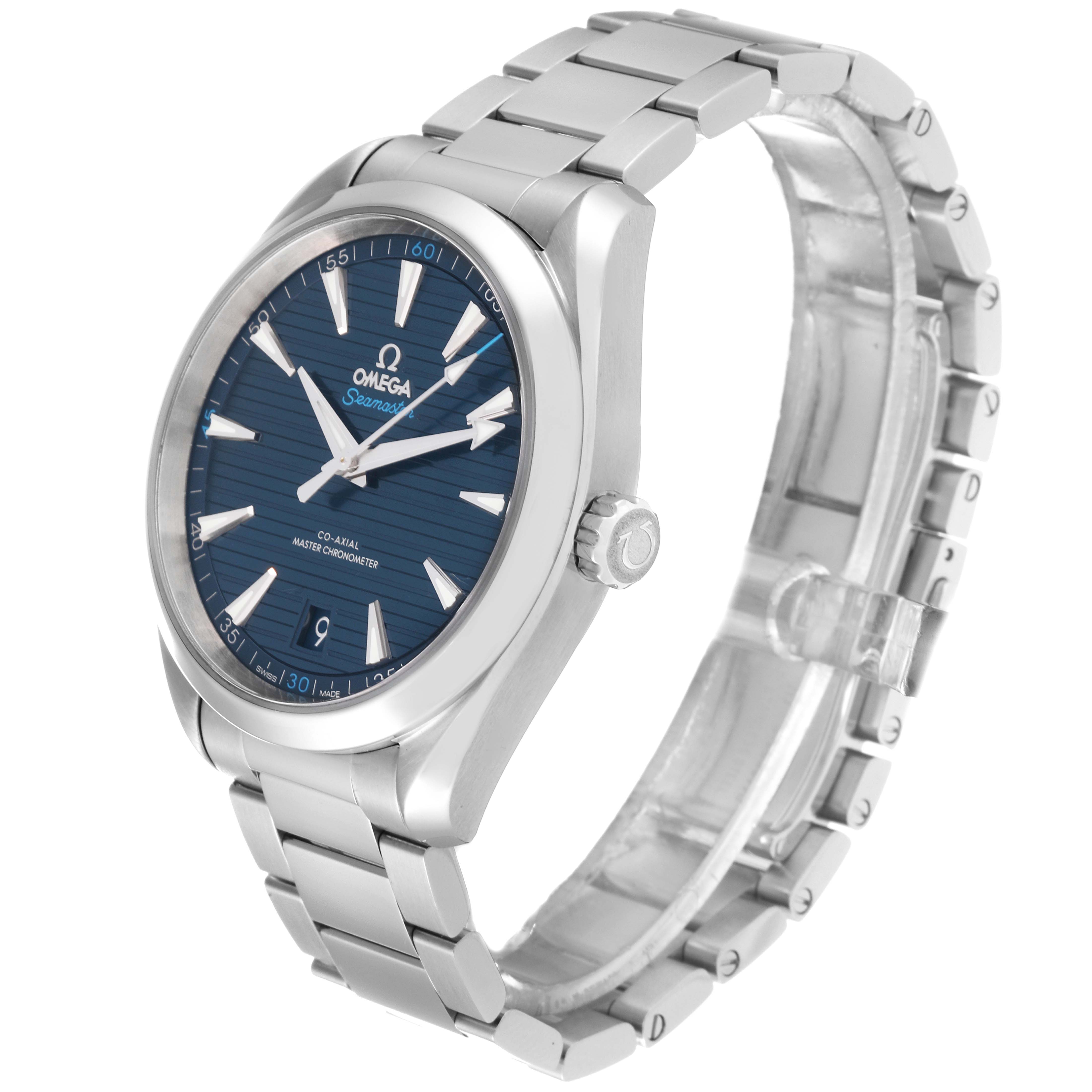 The image shows a side view of an Omega Aqua Terra 220.10.41.21.03.001 Men
s Stainless Steel Blue Dial 220.10.41.21.03.001 Men
s Stainless Steel Blue Dial watch, highlighting its face, bezel, crown, and bracelet.