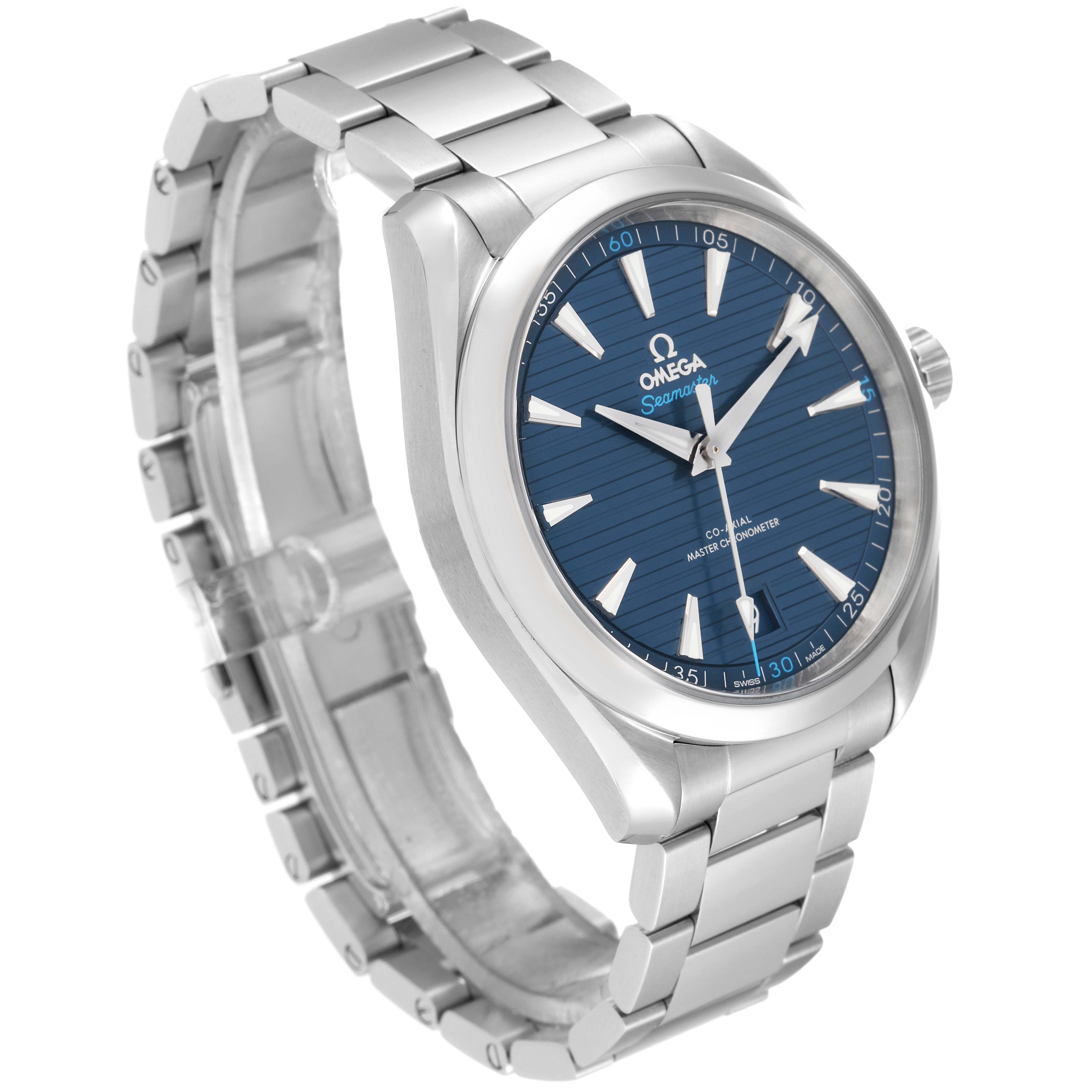 The image shows a side and angled view of the Omega Seamaster Aqua Terra watch, highlighting its blue dial and silver bracelet.