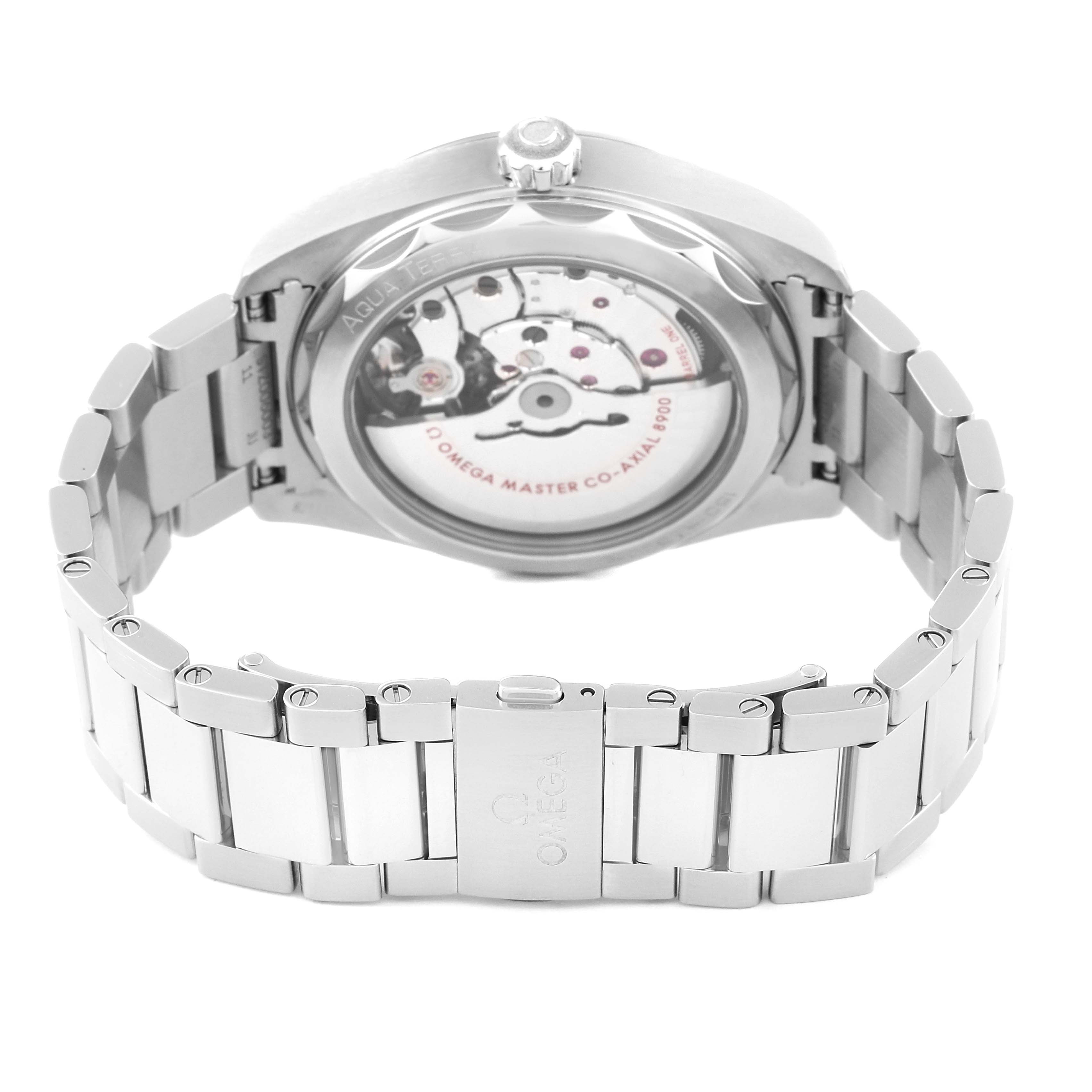 The image shows the back view of the Aqua Terra model by Omega, highlighting the watch
s movement and bracelet.
