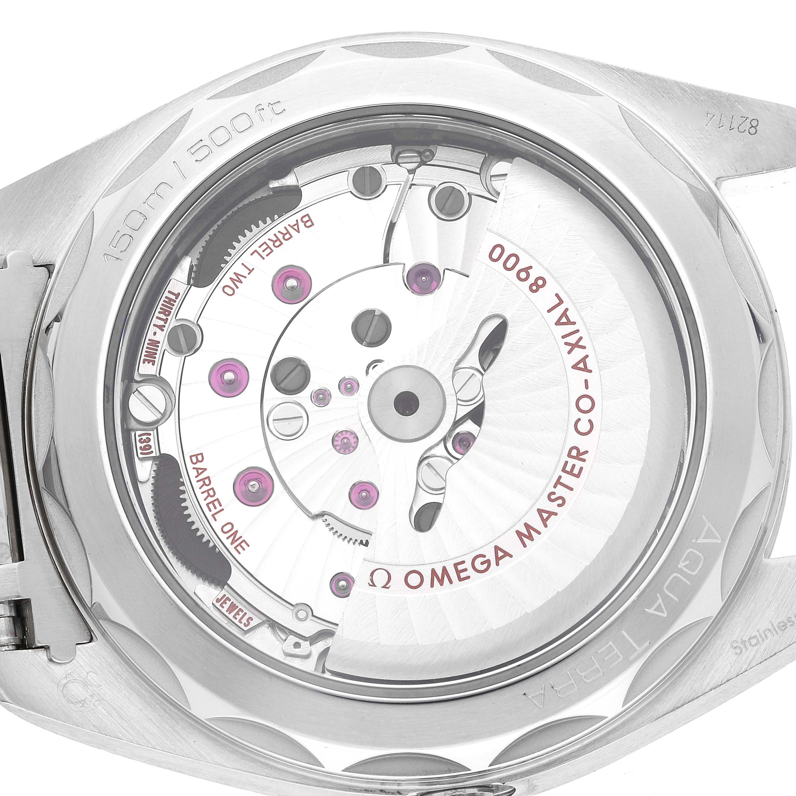 The image shows the case back of the Omega Aqua Terra 220.10.41.21.03.001 Men
s Stainless Steel Blue Dial 220.10.41.21.03.001 Men
s Stainless Steel Blue Dial watch, highlighting its exposed mechanical movement.