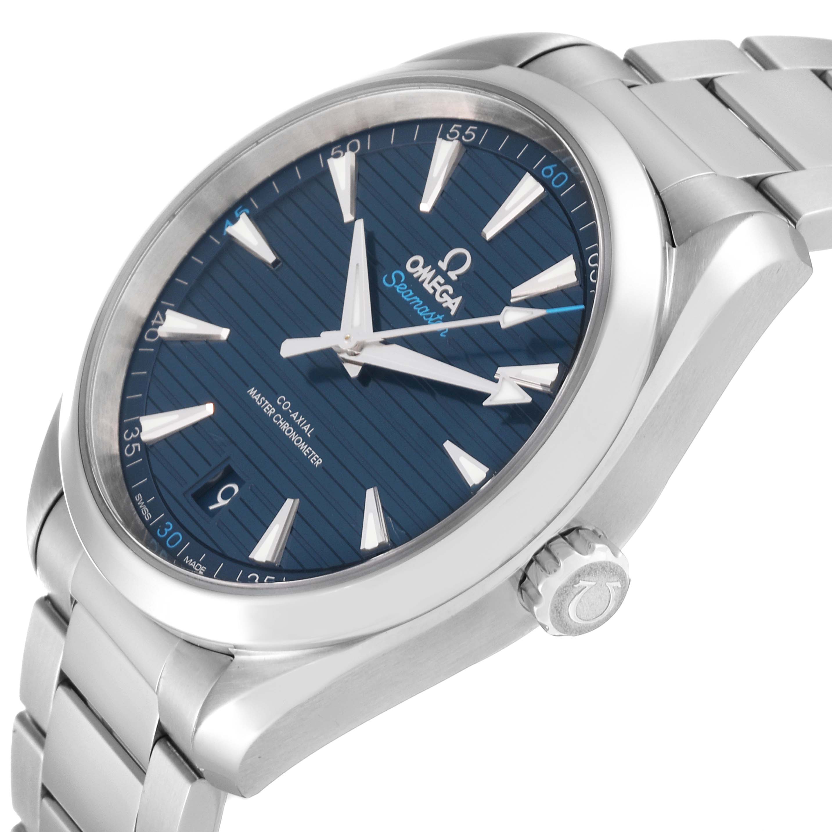 The Omega Aqua Terra 220.10.41.21.03.001 Men
s Stainless Steel Blue Dial 220.10.41.21.03.001 Men
s Stainless Steel Blue Dial watch is shown at an angle, highlighting its blue dial, stainless steel bezel, and bracelet.
