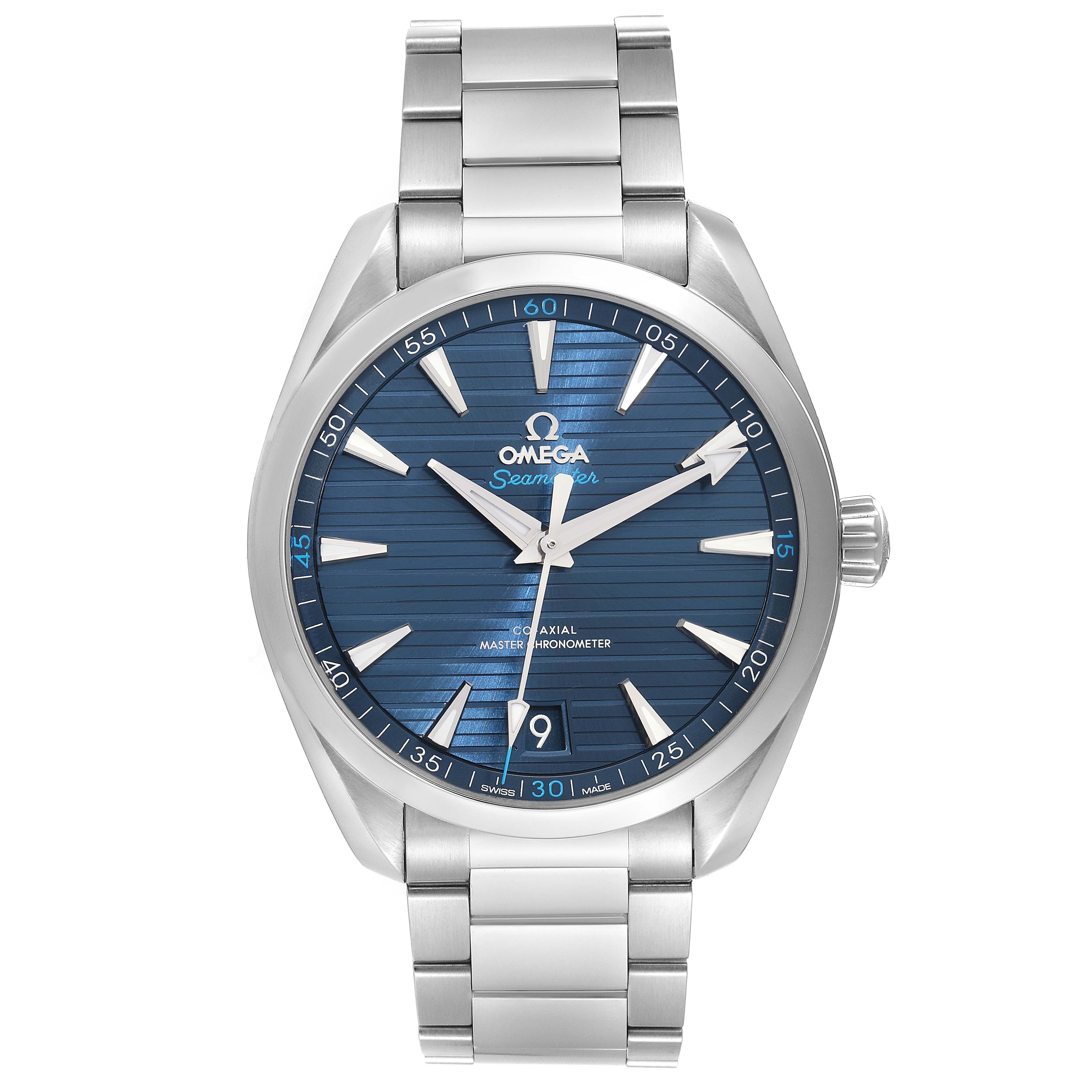 The image shows a front view of the Omega Aqua Terra 220.10.41.21.03.001 Men
s Stainless Steel Blue Dial 220.10.41.21.03.001 Men
s Stainless Steel Blue Dial watch, detailing its blue dial, stainless steel case, and bracelet.