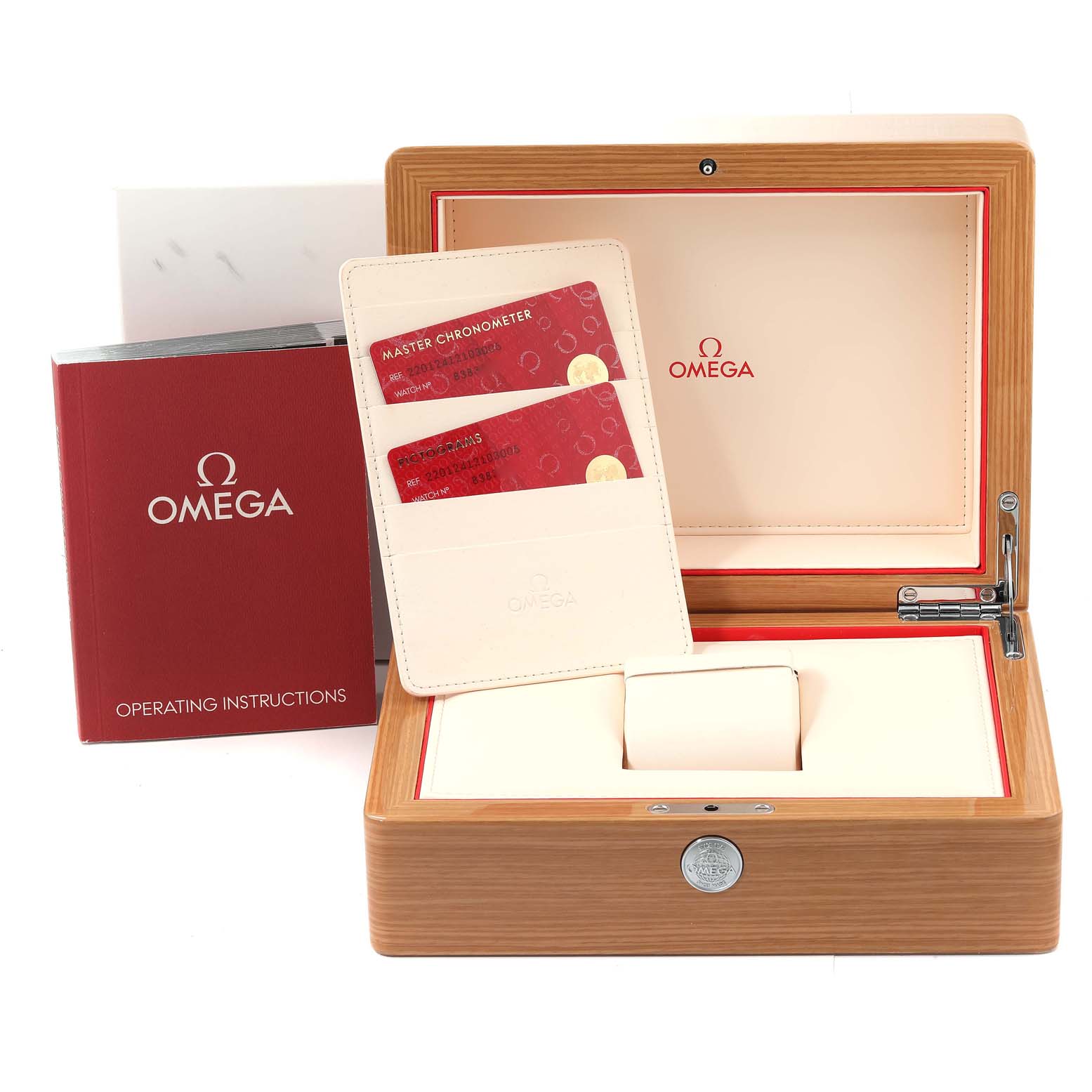 This image shows an Omega Aqua Terra 220.12.41.21.03.005 Men
s Stainless Steel Blue Dial 220.12.41.21.03.005 Men
s Stainless Steel Blue Dial watch box, booklet, and certification cards, viewed from the front.