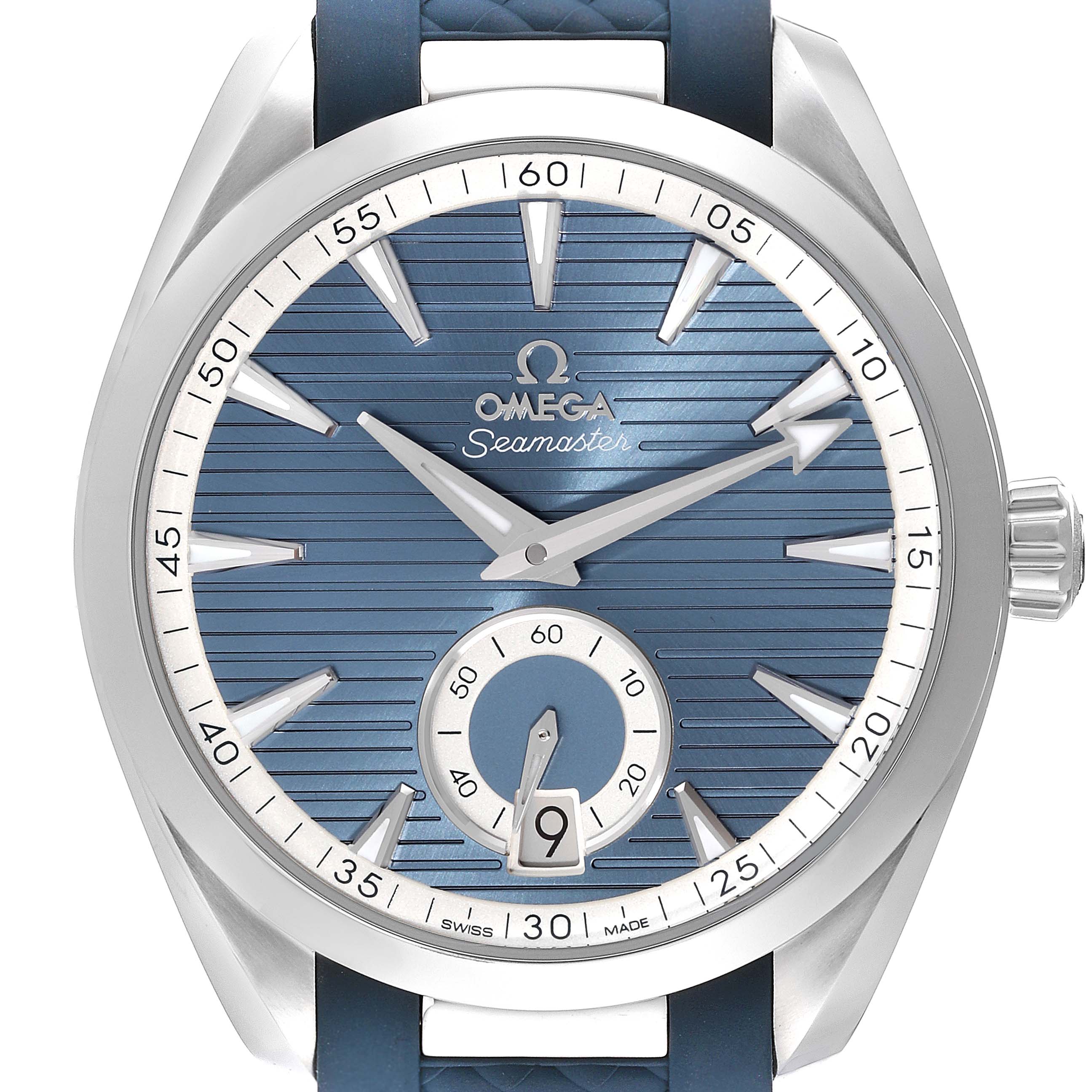 The image shows a front view of the Omega Aqua Terra 220.12.41.21.03.005 Men
s Stainless Steel Blue Dial 220.12.41.21.03.005 Men
s Stainless Steel Blue Dial watch, highlighting its dial, hands, date window, and part of the strap.