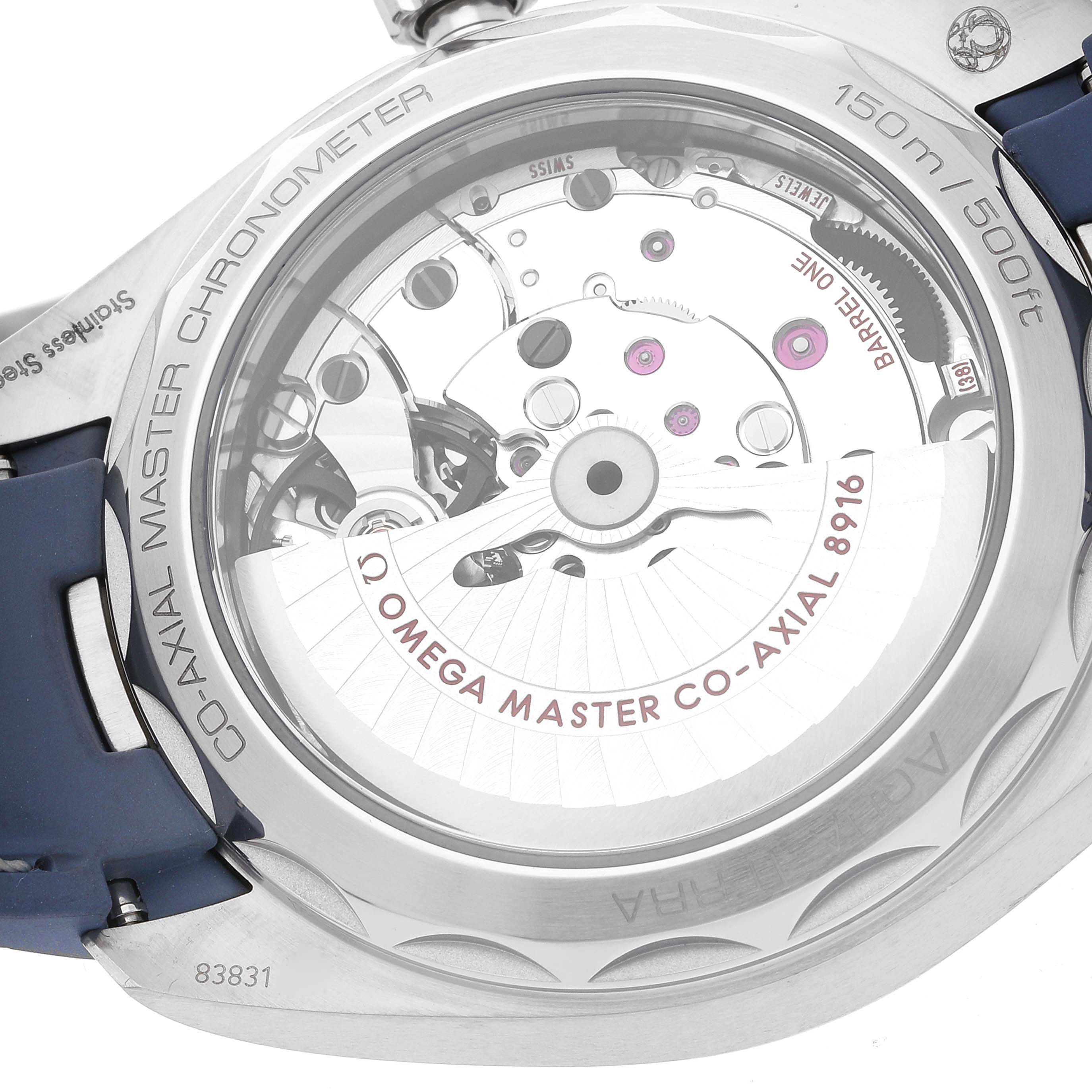 The image shows the back view of an Omega Aqua Terra 220.12.41.21.03.005 Men
s Stainless Steel Blue Dial 220.12.41.21.03.005 Men
s Stainless Steel Blue Dial watch, revealing the Omega Master Co-Axial 8916 movement.
