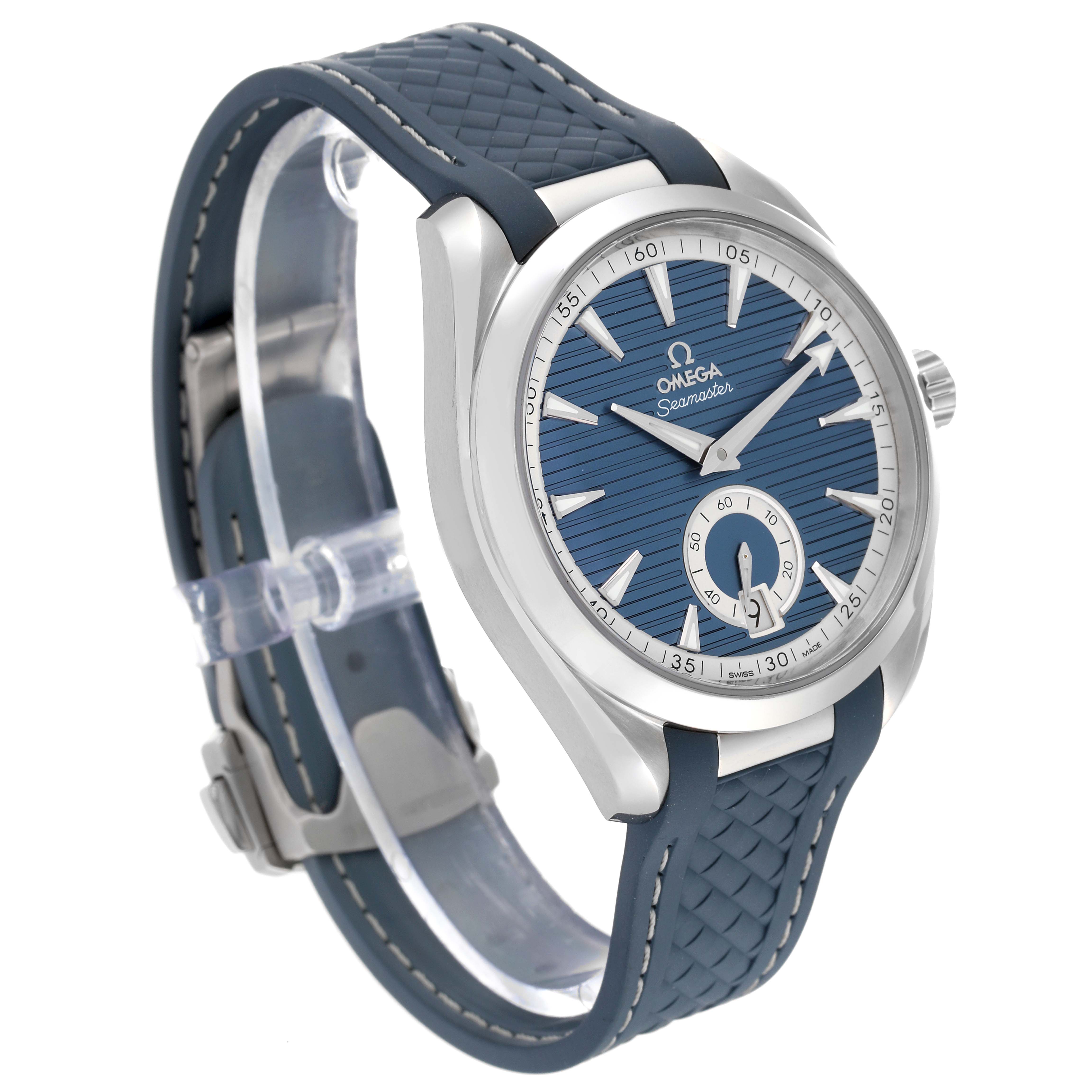 The Omega Aqua Terra 220.12.41.21.03.005 Men
s Stainless Steel Blue Dial 220.12.41.21.03.005 Men
s Stainless Steel Blue Dial watch is angled to show the face, bezel, crown, and strap, highlighting its blue dial and textured blue strap.